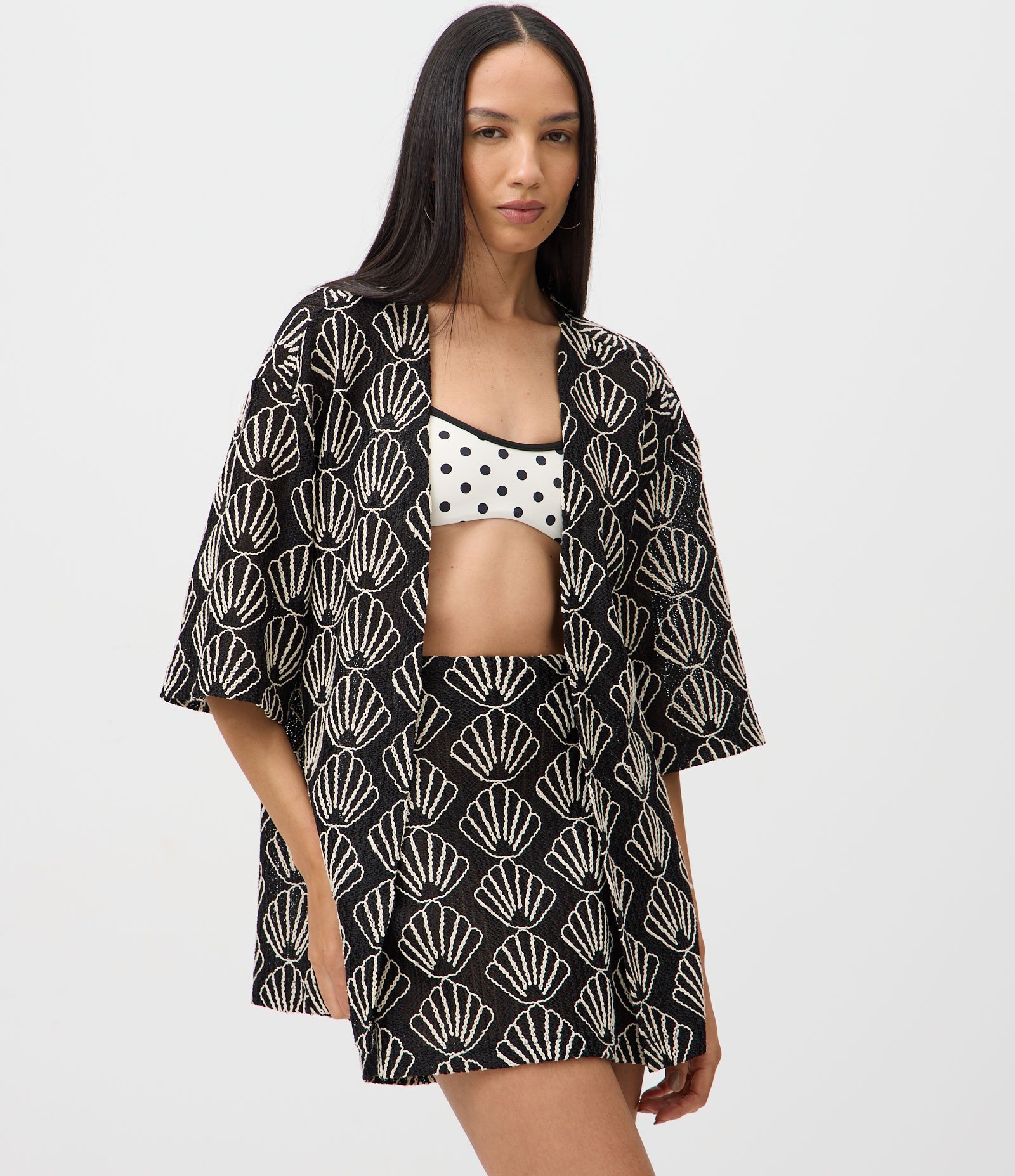 Saída de Praia Kimono em Laise com Bordado de Conchas Preto 1