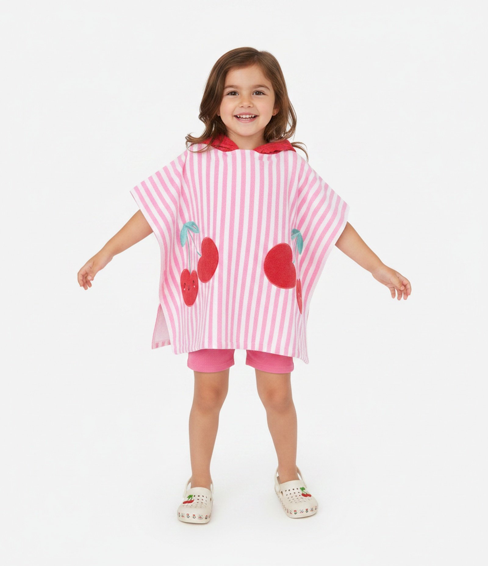 Poncho Infantil Atoalhado e Listrado com Cerejas - Tam U Rosa 1
