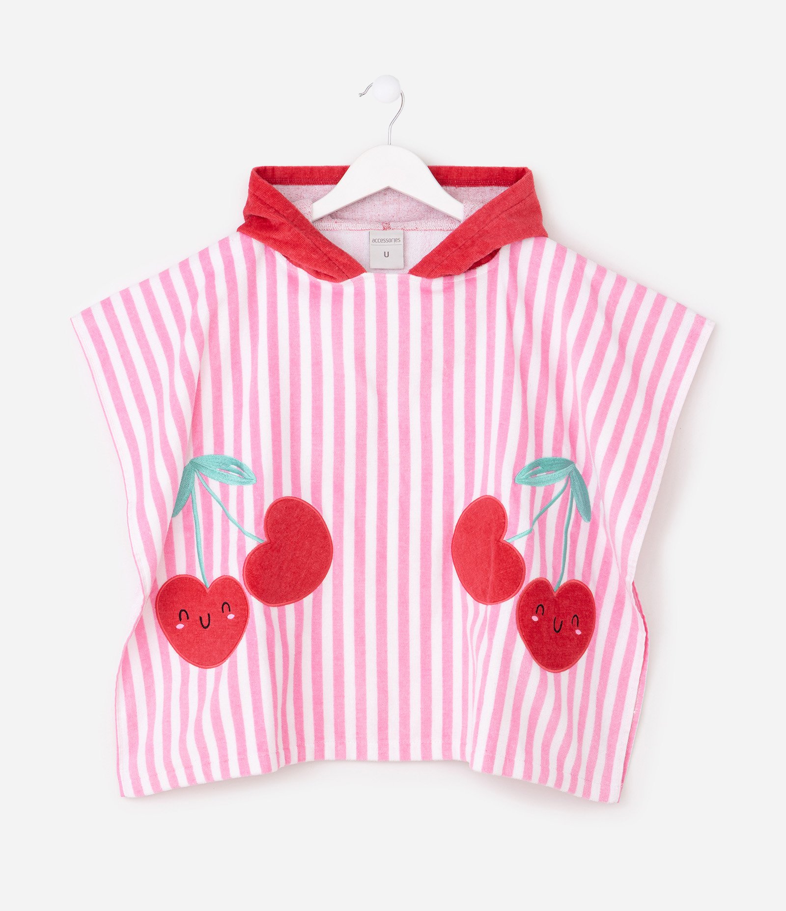 Poncho Infantil Atoalhado e Listrado com Cerejas - Tam U Rosa 2