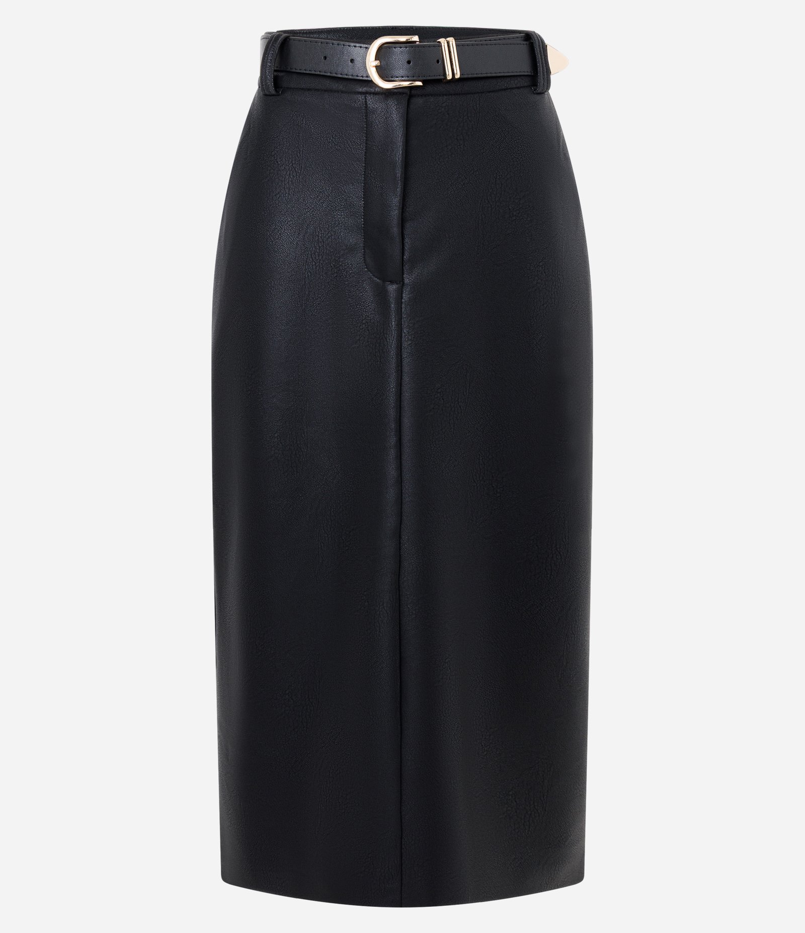 Saia Lápis Midi em PU com Cinto e Fivela em Metal Preto 7