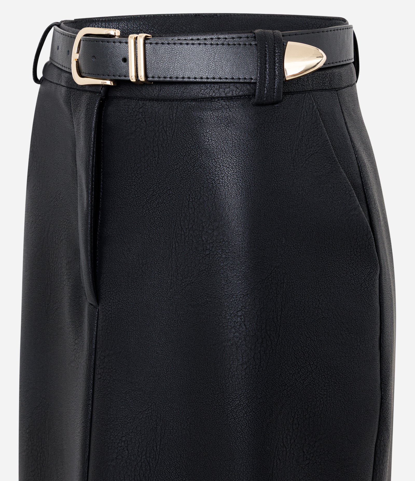 Saia Lápis Midi em PU com Cinto e Fivela em Metal Preto 8