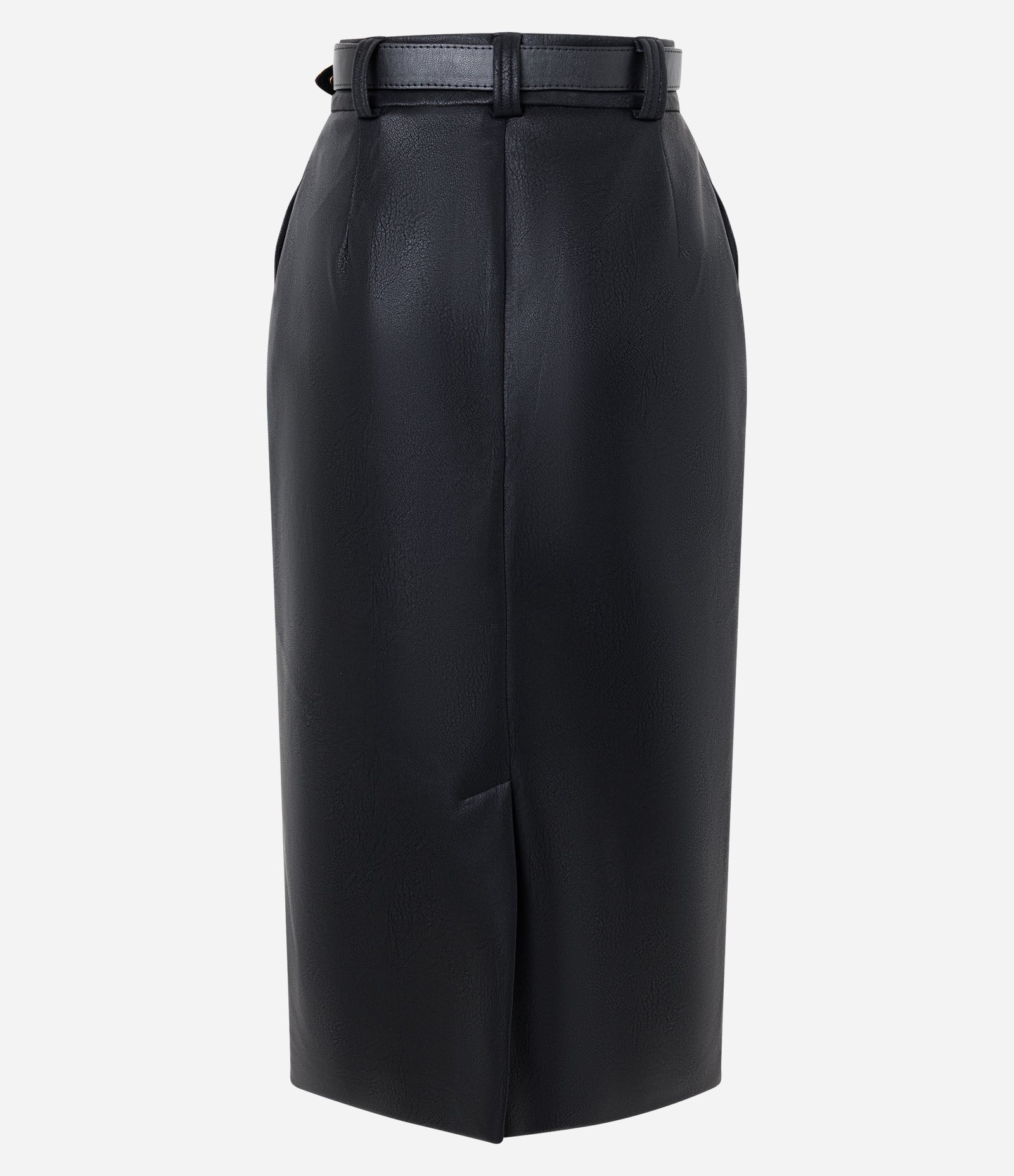 Saia Lápis Midi em PU com Cinto e Fivela em Metal Preto 9