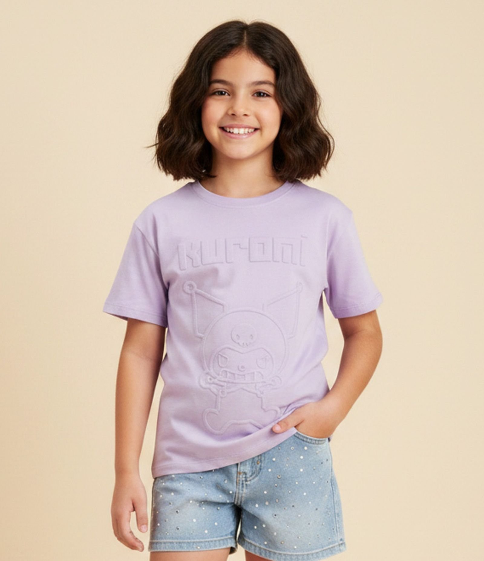 Camiseta Relaxed em Algodão com Embossed Kuromi - Tam 5 a 14 Anos Roxo 1