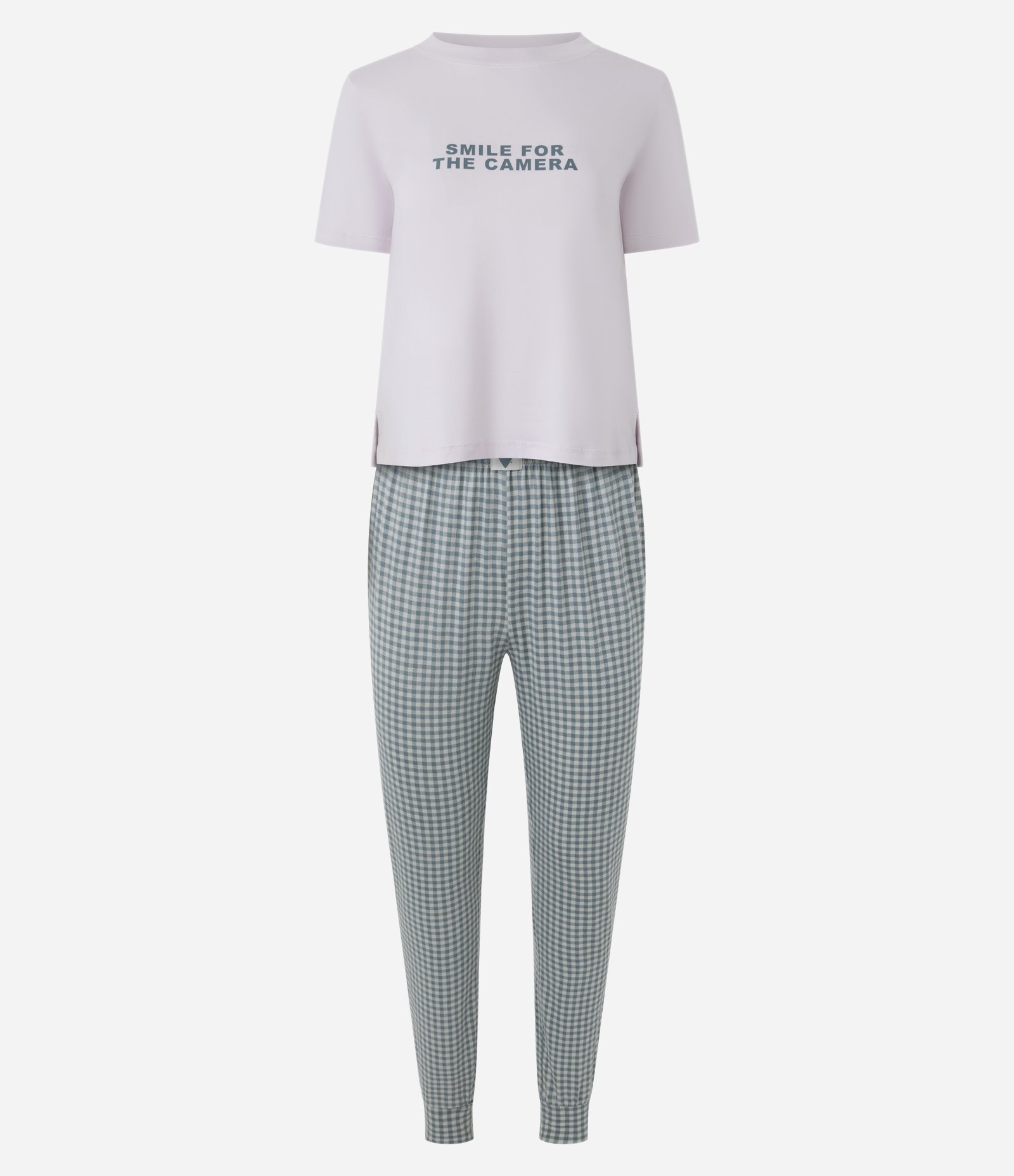 Pijama Longo em Peach Touch com Estampa Xadrez e Lettering Lilás/Verde 5