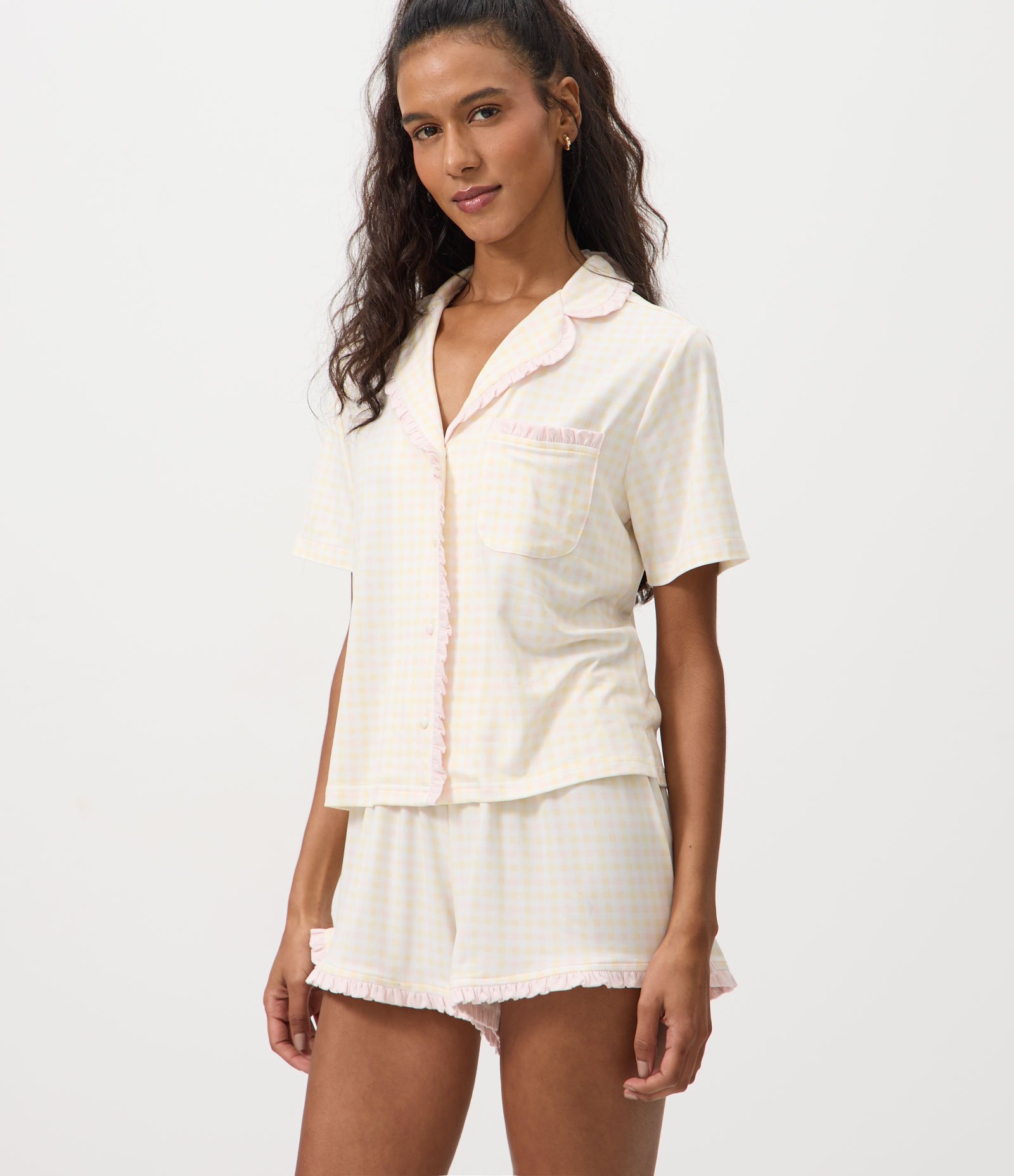 Pijama Americano com Estampa Xadrez Bege 1