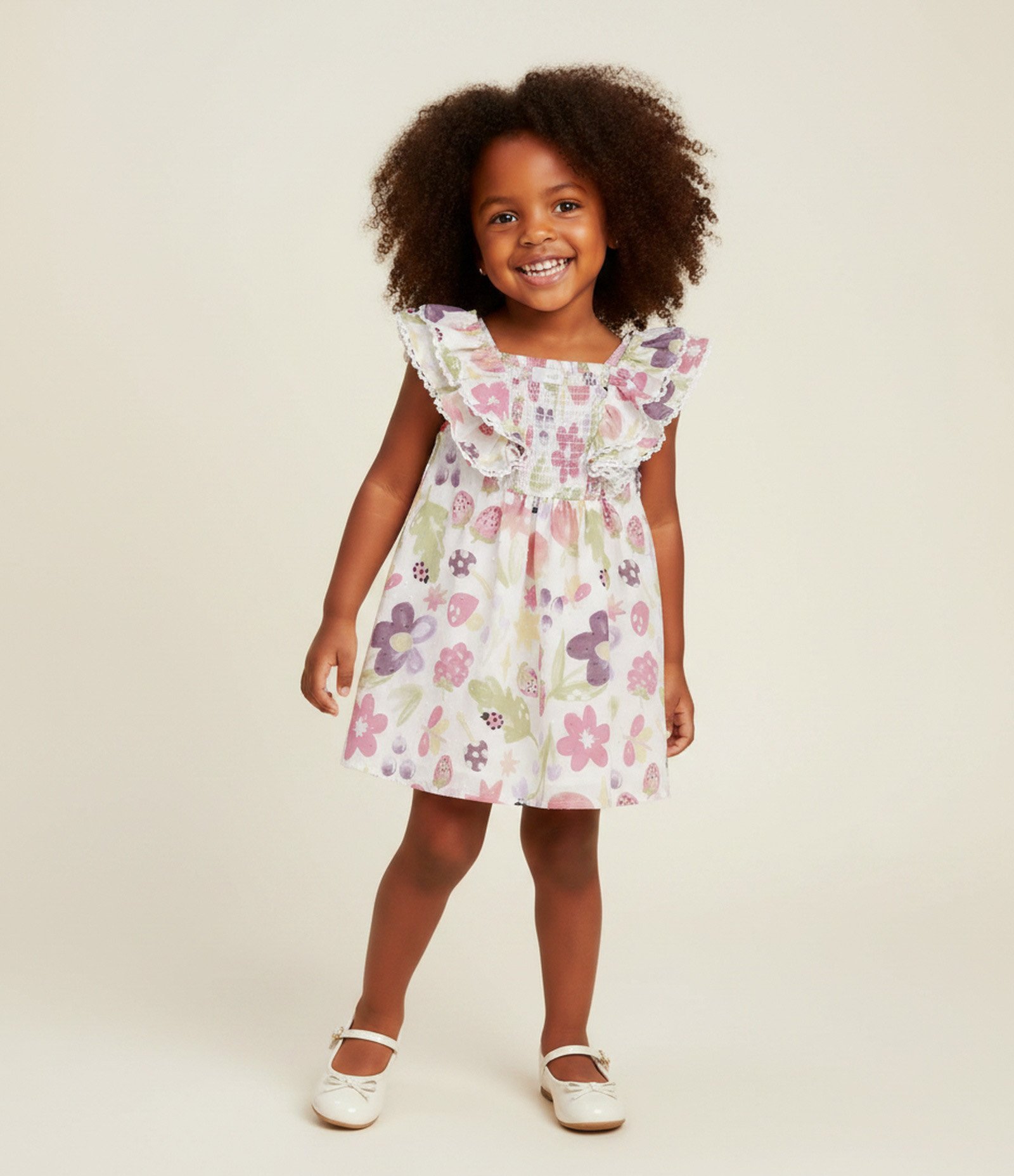 Vestido Evasê Infantil com Estampa Floral e Frutas – Tam 1 a 6 Anos Off White 1