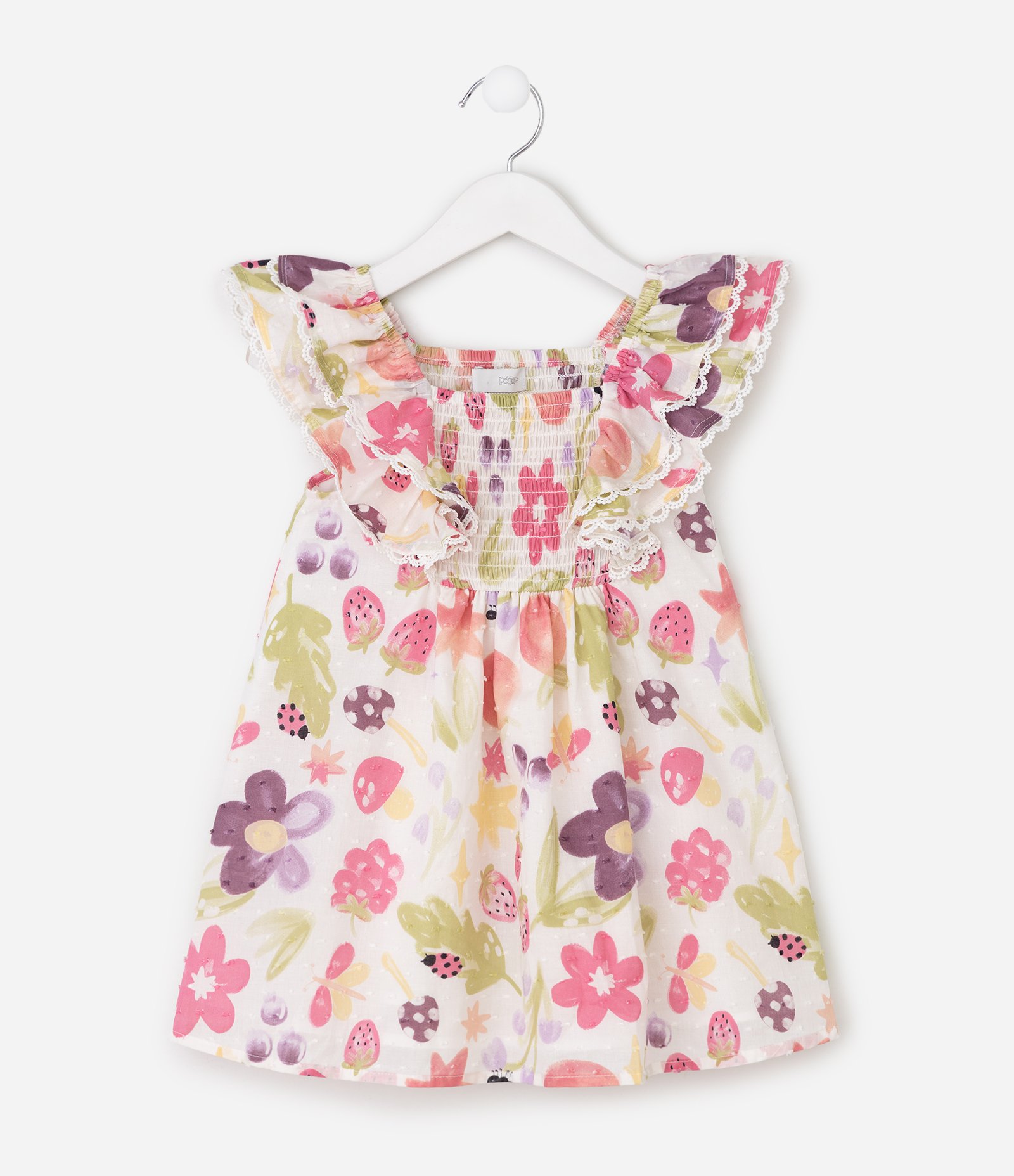Vestido Evasê Infantil com Estampa Floral e Frutas – Tam 1 a 6 Anos Off White 2