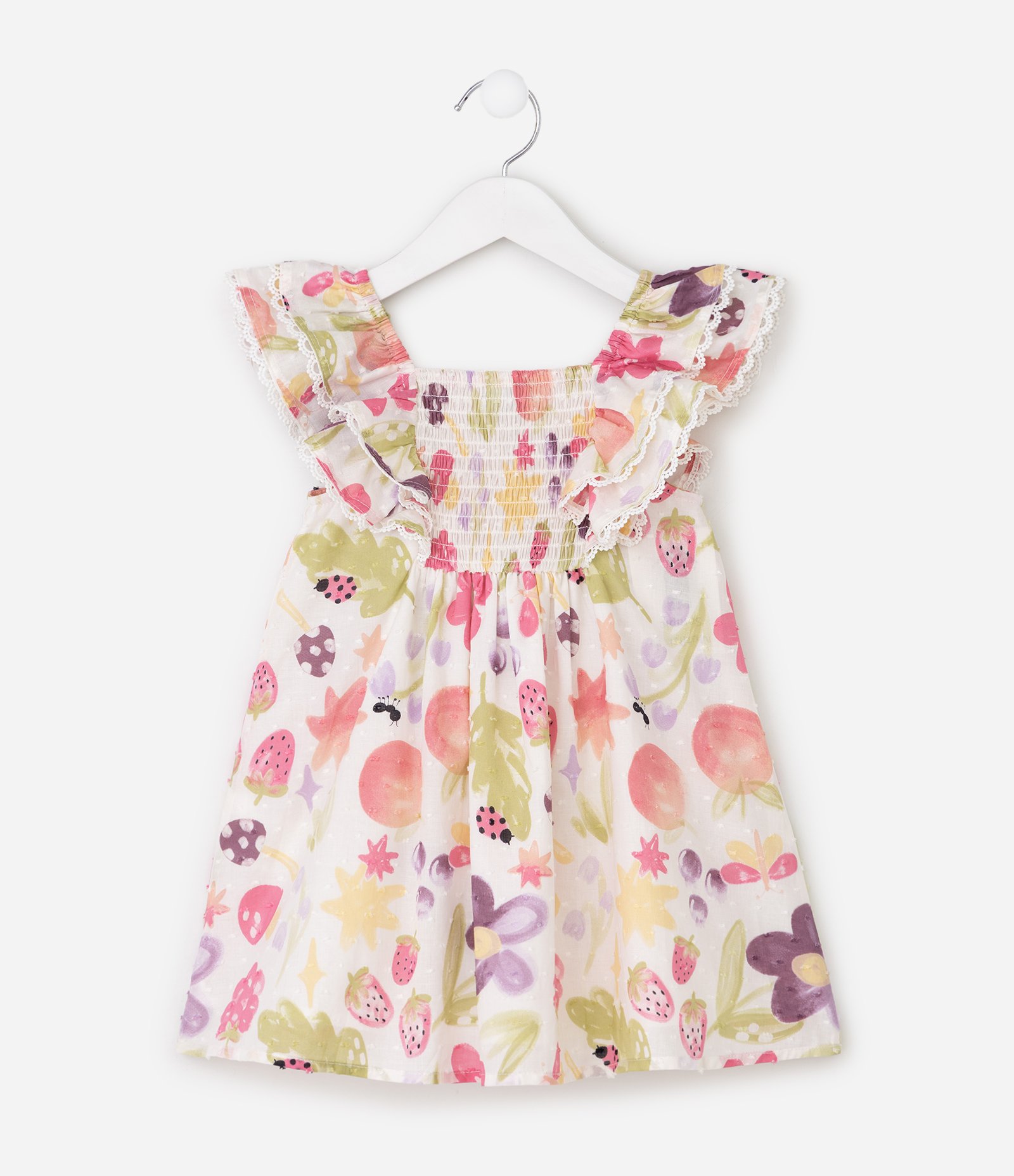Vestido Evasê Infantil com Estampa Floral e Frutas – Tam 1 a 6 Anos Off White 3