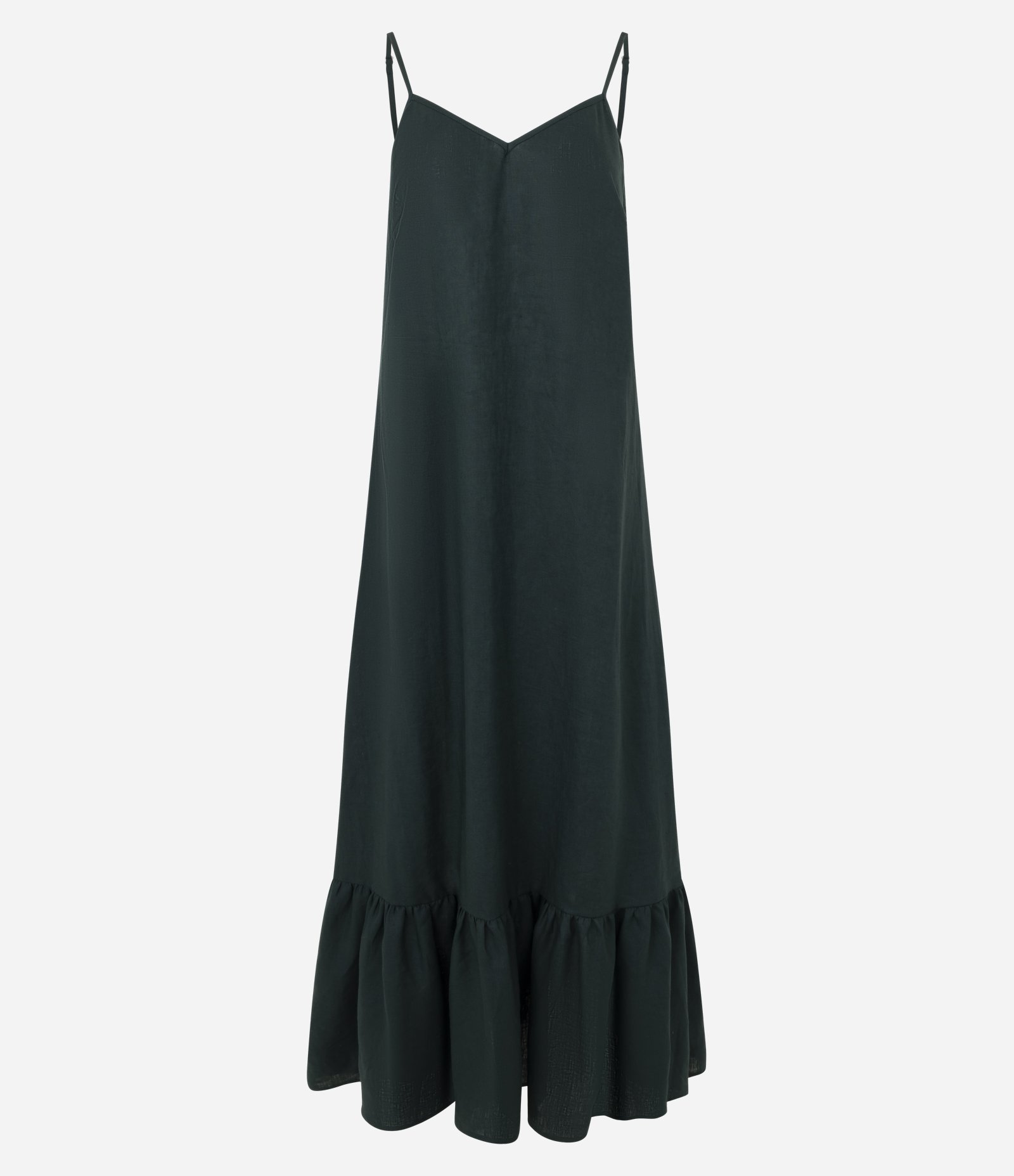 Vestido Longo Alcinha em Linho com Gola V e Barra Detalhada Verde Escuro 5