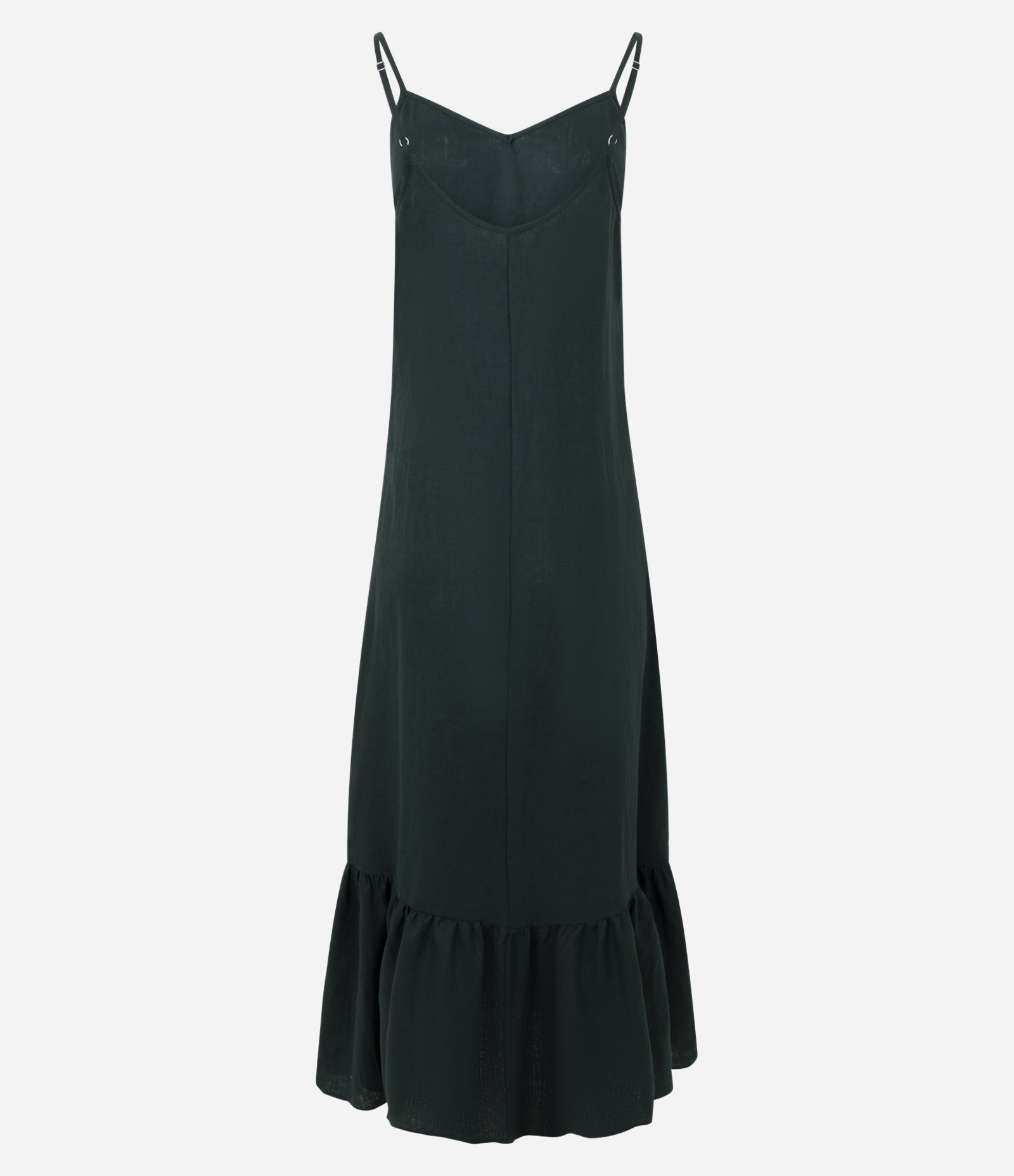 Vestido Longo Alcinha em Linho com Gola V e Barra Detalhada Verde Escuro 6