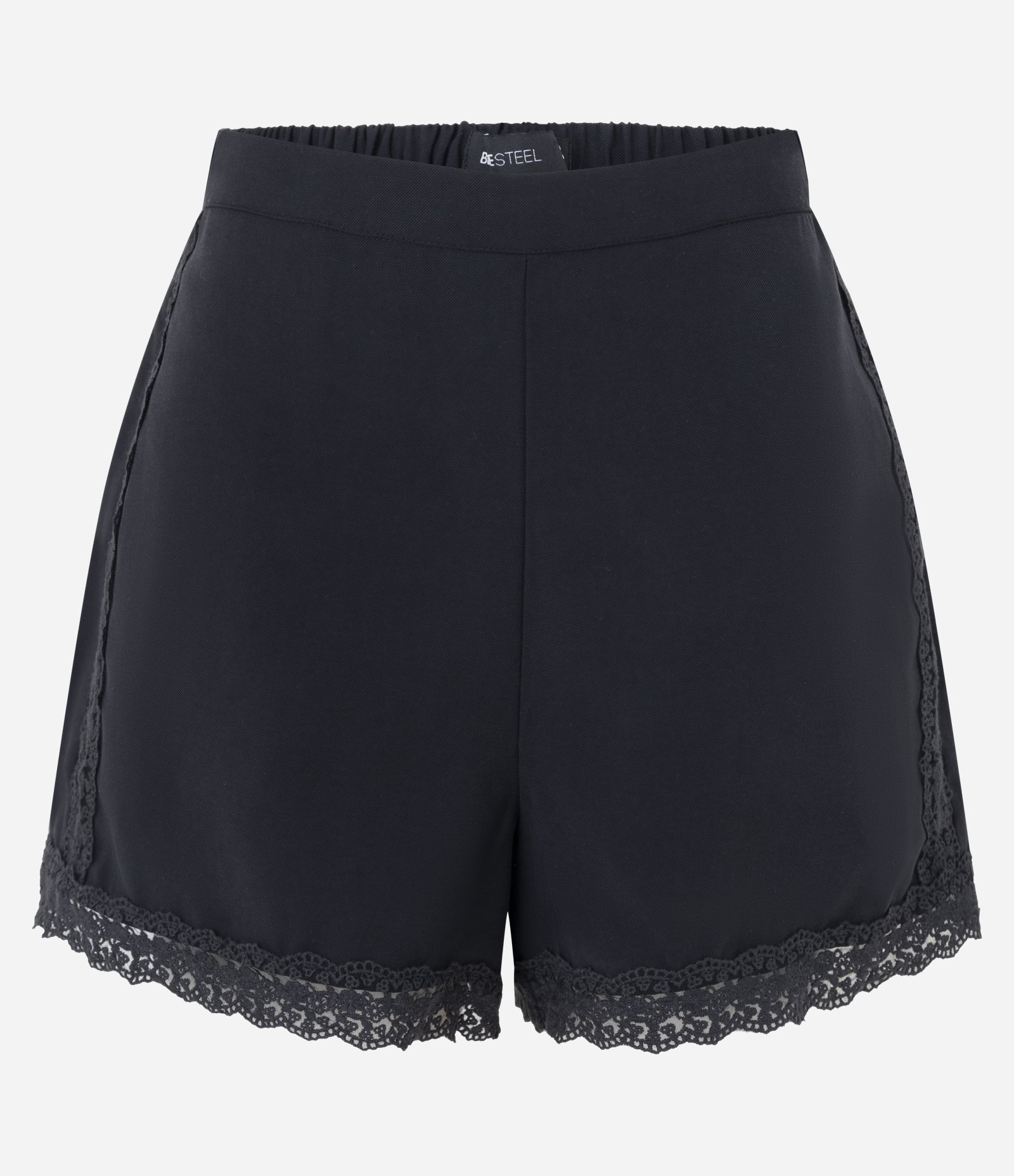Short em Sarja Texturizada com Acabamento em Renda e Cintura Elástica Preto 5
