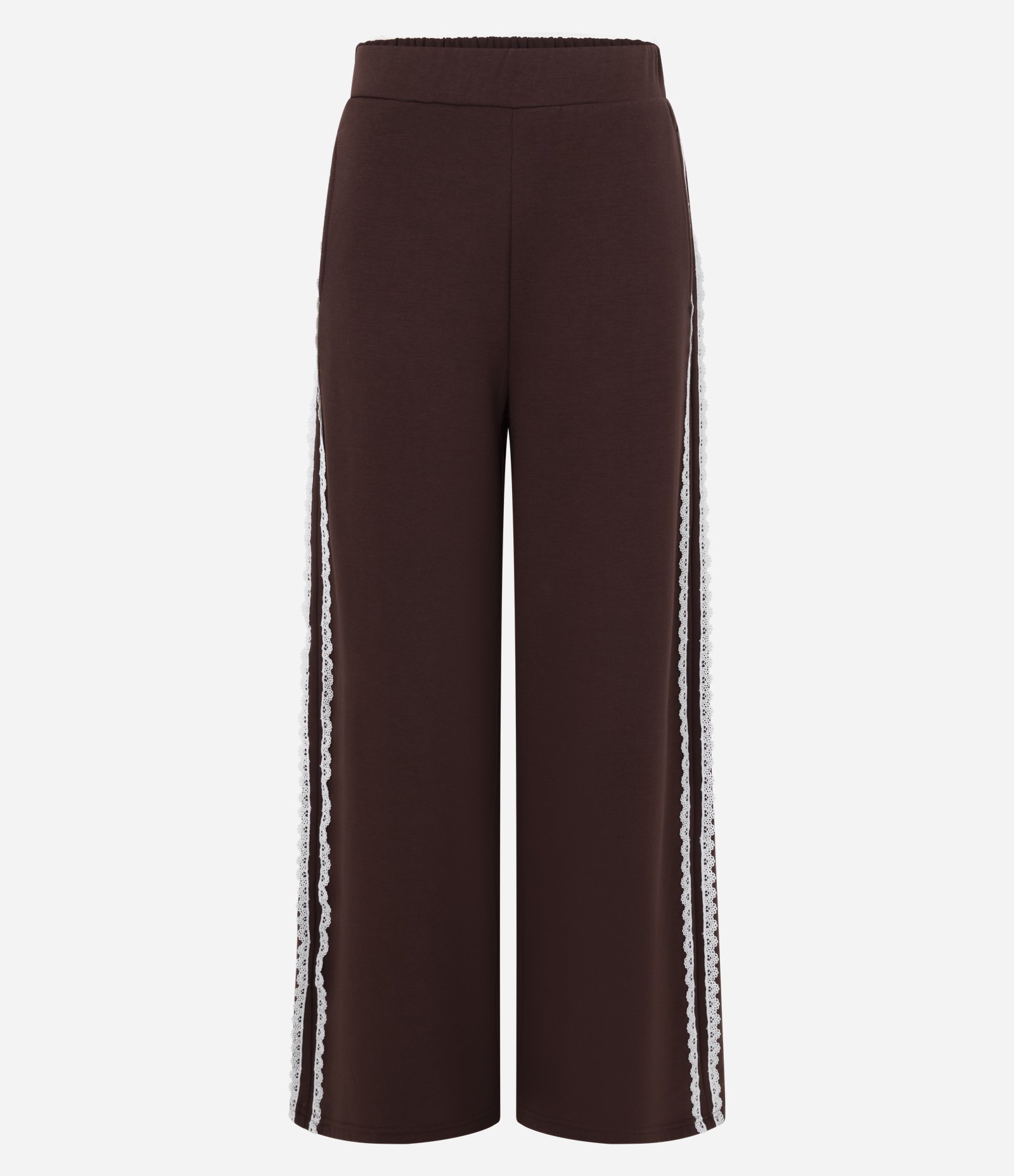 Calça Wide em Moletom com Felpa e Listra Lateral em Renda Marrom 5