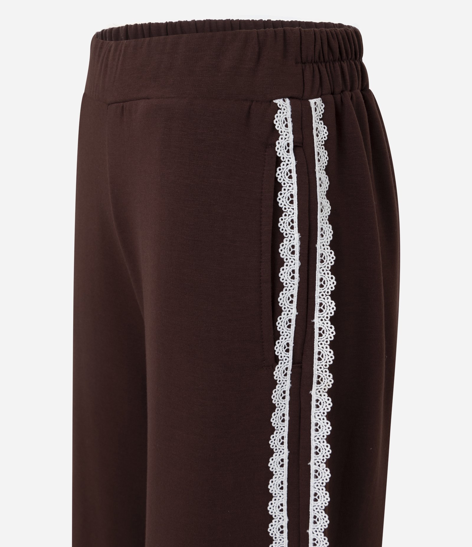 Calça Wide em Moletom com Felpa e Listra Lateral em Renda Marrom 6