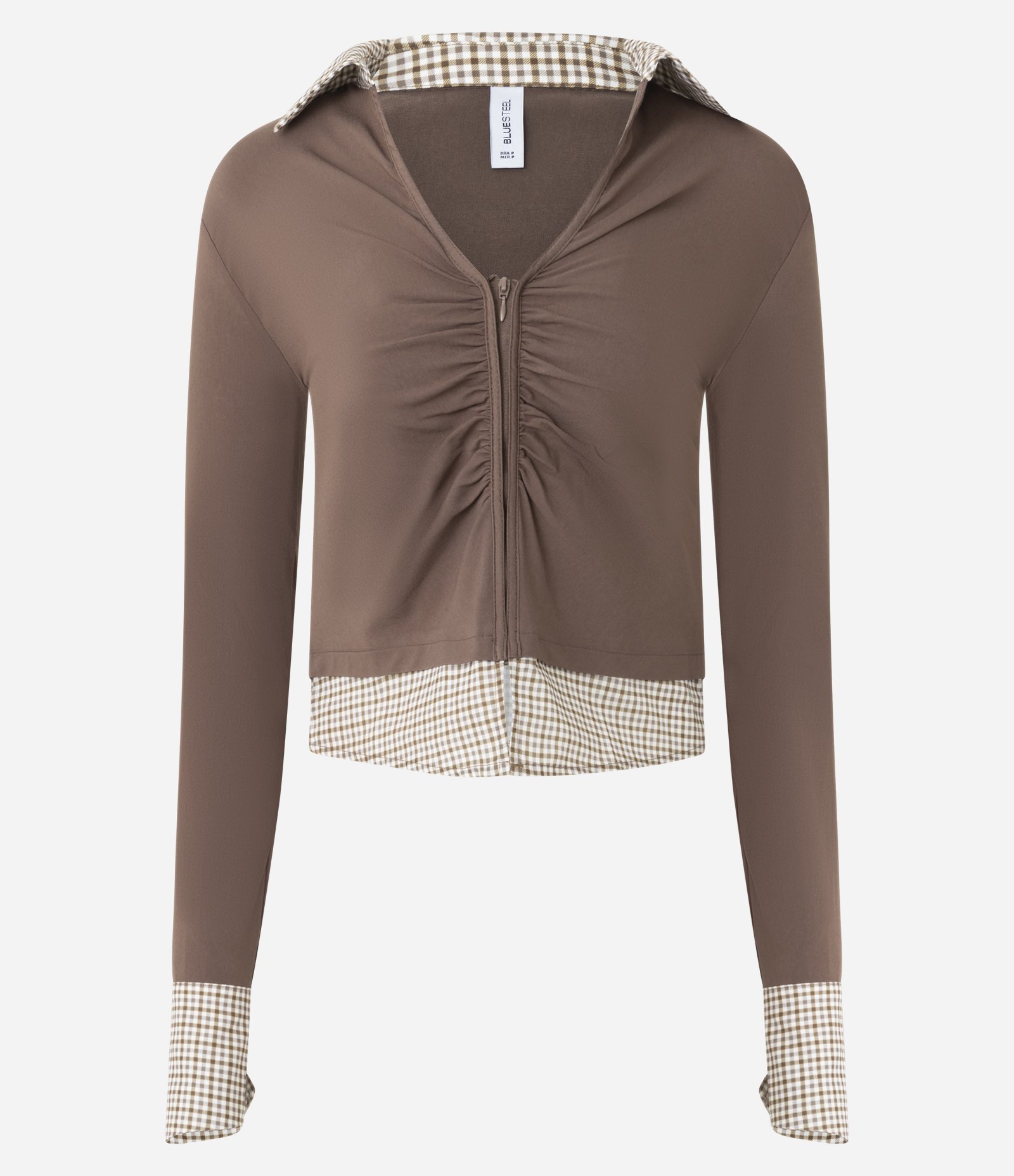 Camisa Ajustada com Zíper e Detalhes Xadrez Alfaiatada Marrom 3