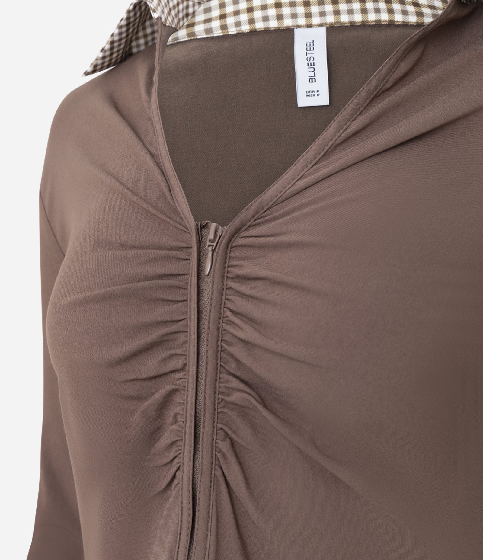 Camisa Ajustada com Zíper e Detalhes Xadrez Alfaiatada Marrom 4