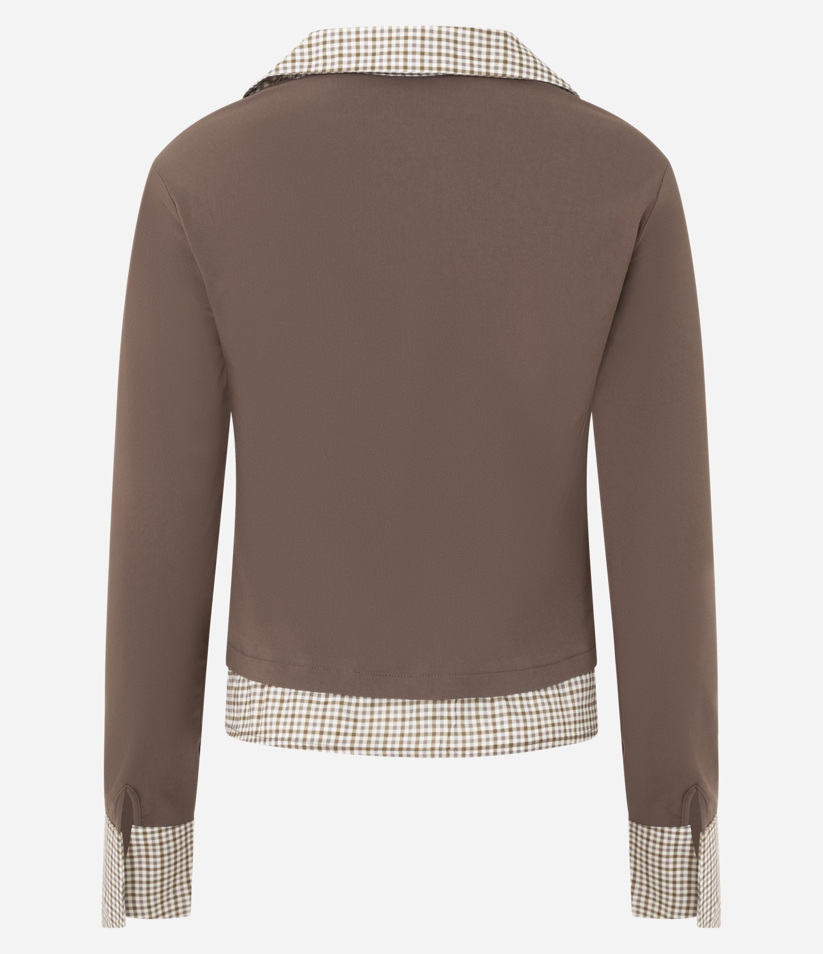 Camisa Ajustada com Zíper e Detalhes Xadrez Alfaiatada Marrom 5