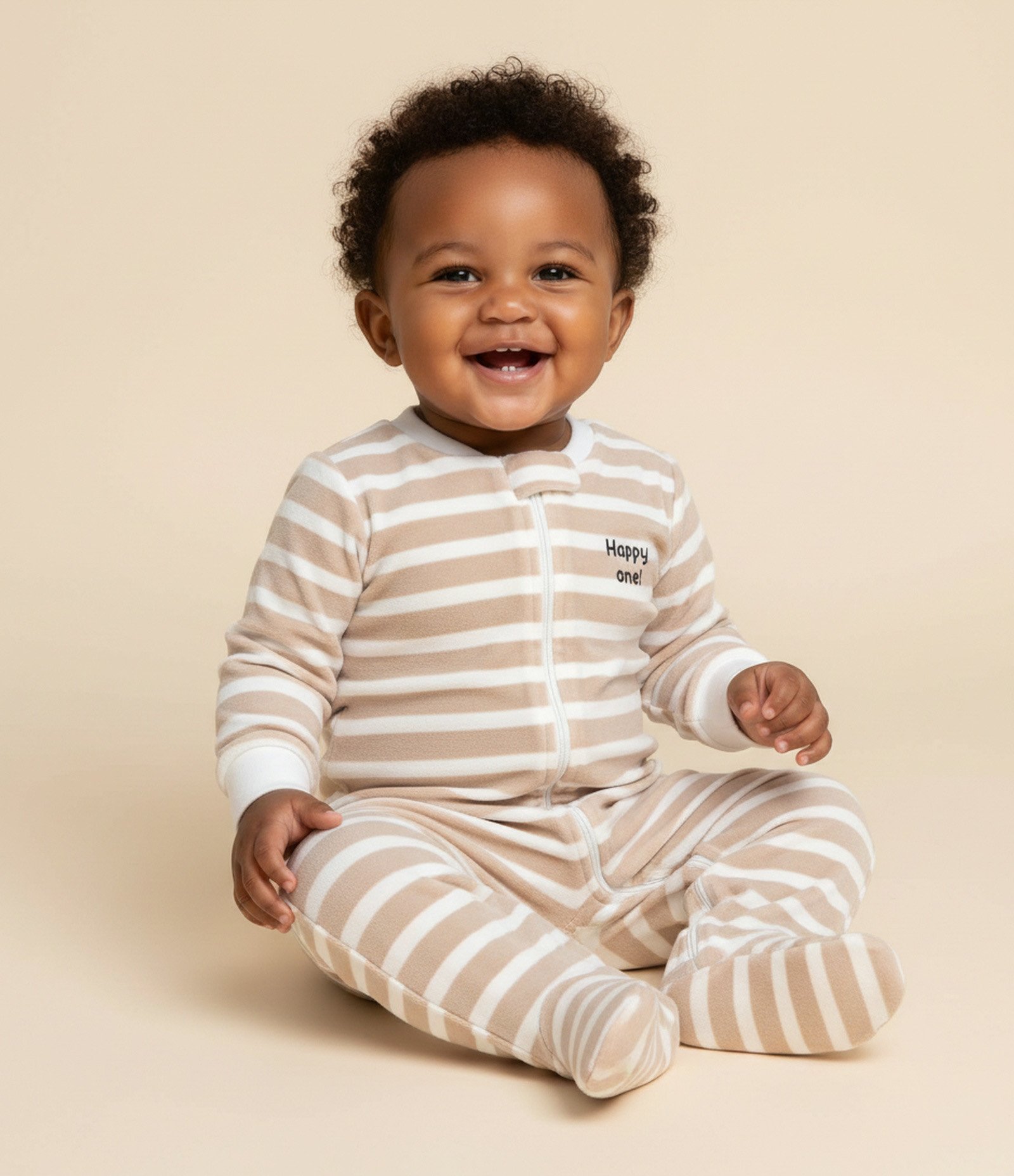Macacão Infantil Listrado com Fechamento por Zíper – Tam RN a 24 Meses Bege/Off White 1