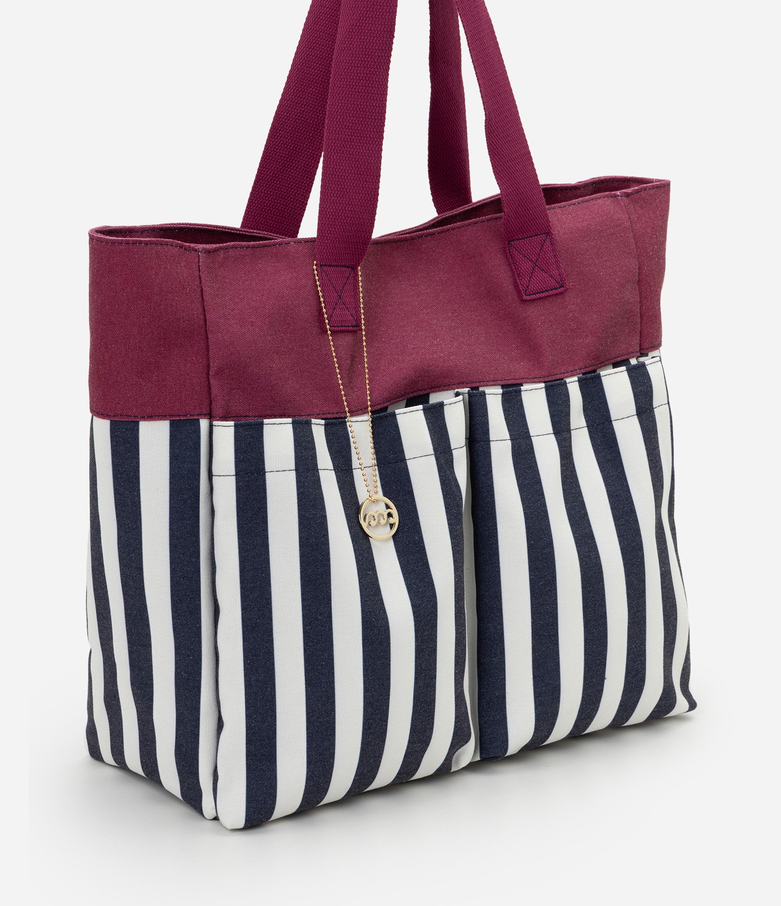 Bolsa em Lona com Bolso Frontal e Estampa Listrada Vinho 1