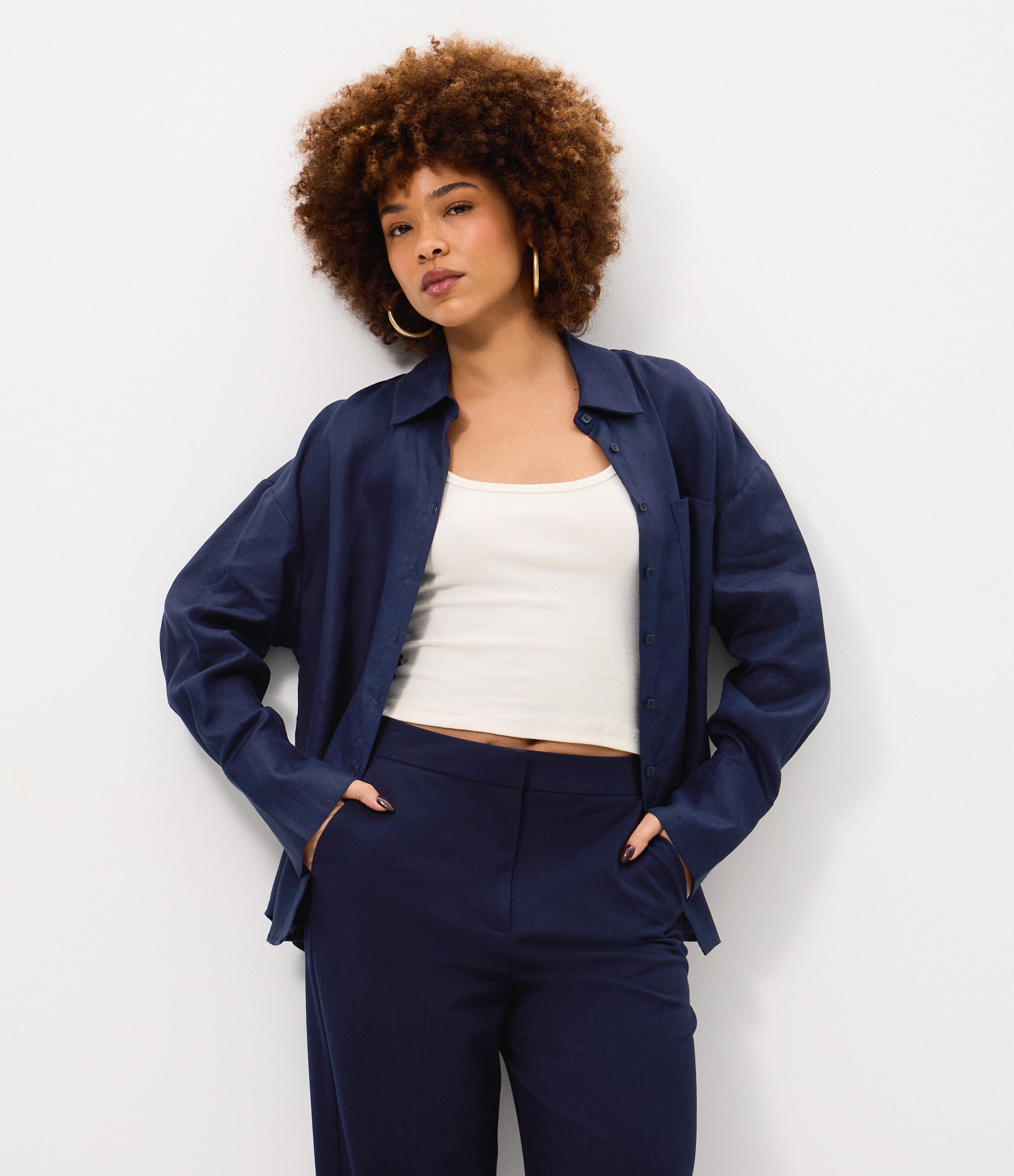 Camisa Manga Longa em Linho com Bolso Frontal Azul 1