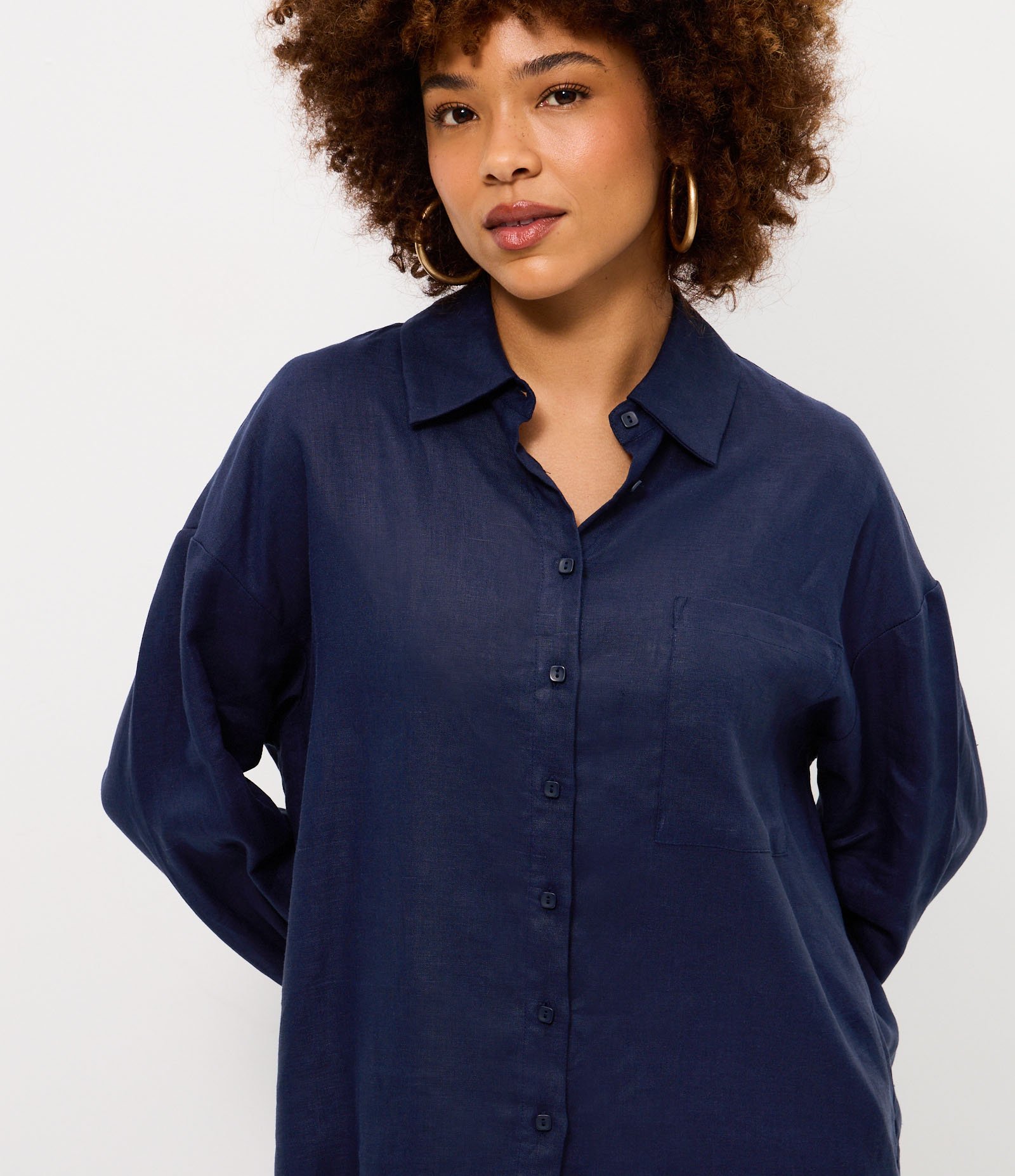 Camisa Manga Longa em Linho com Bolso Frontal Azul 3