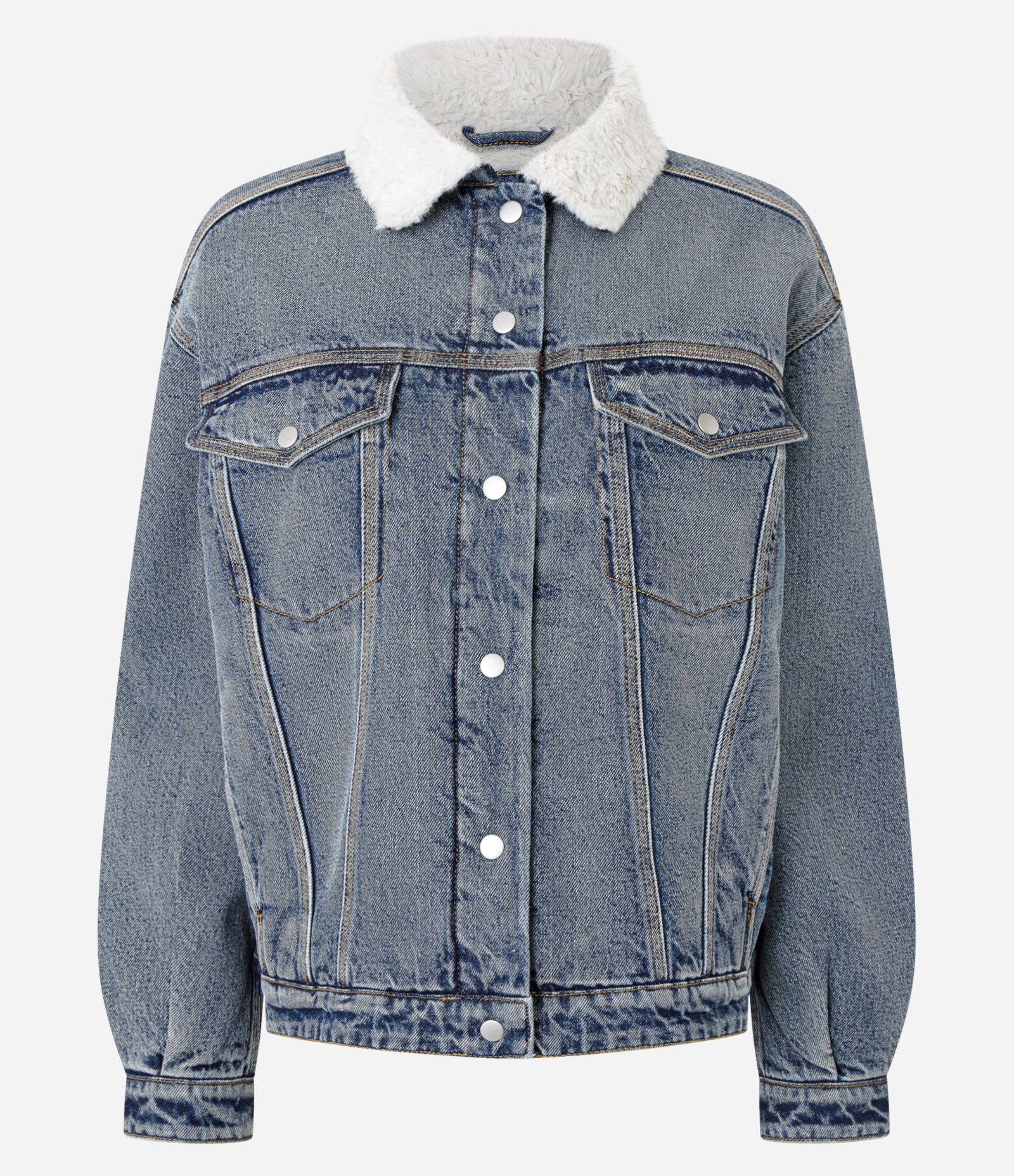 Jaqueta Trucker em Jeans com Gola Sherpa Azul 5