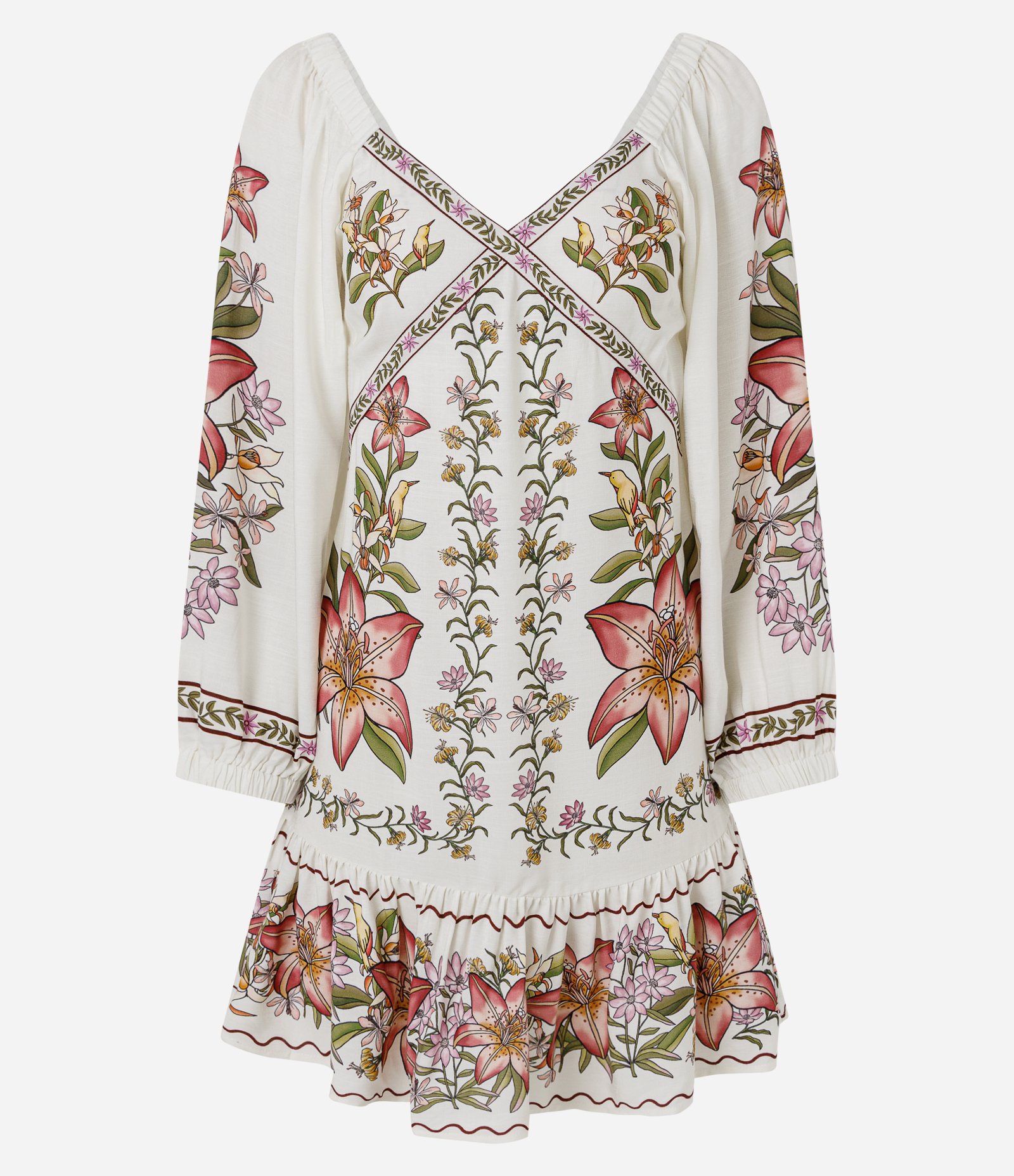 Vestido Curto em Viscose com Estampa Floral Botânica e Decote V Off White 1