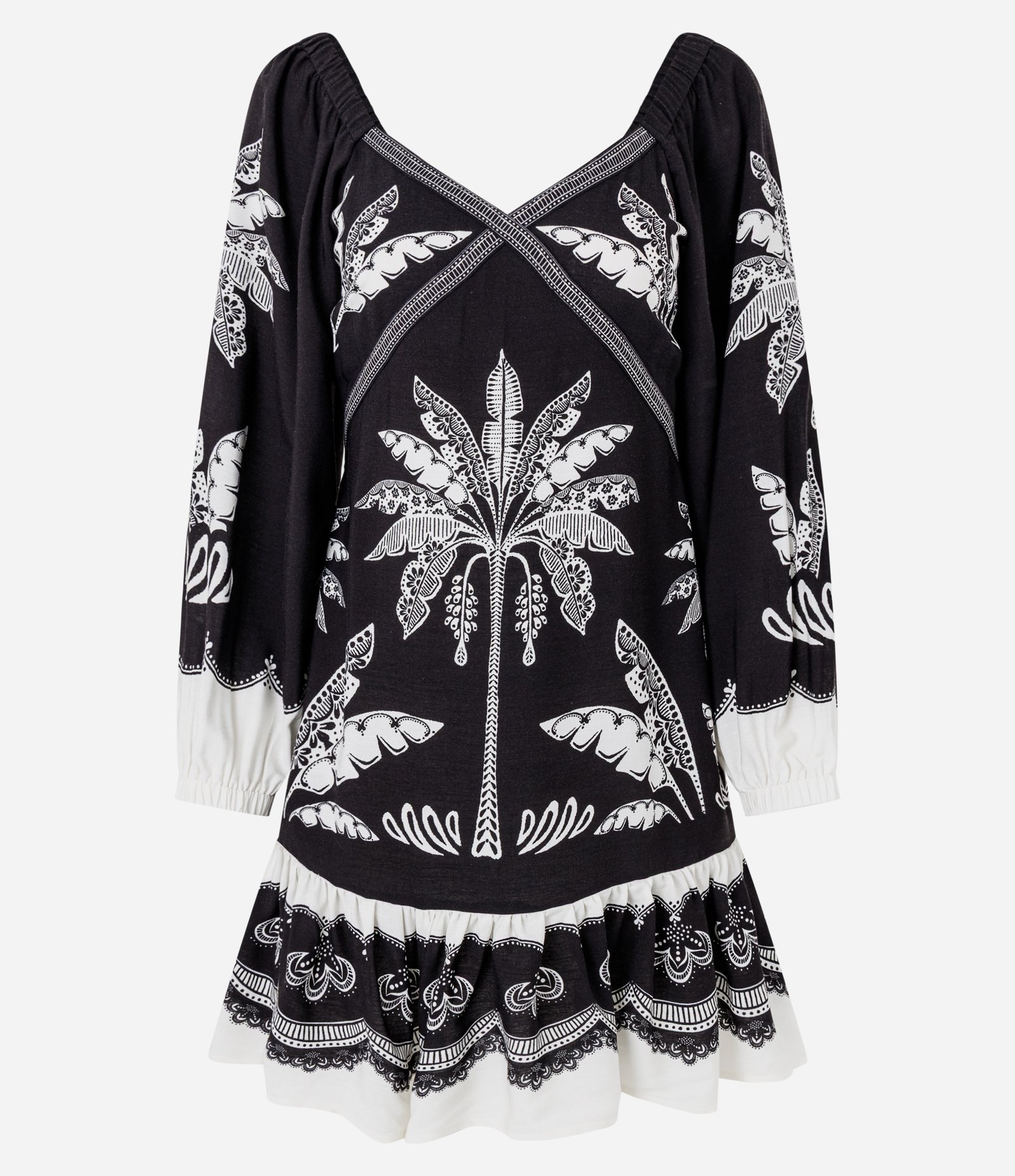 Vestido Curto em Viscose com Estampa de Coqueiros e Decote V Preto 1