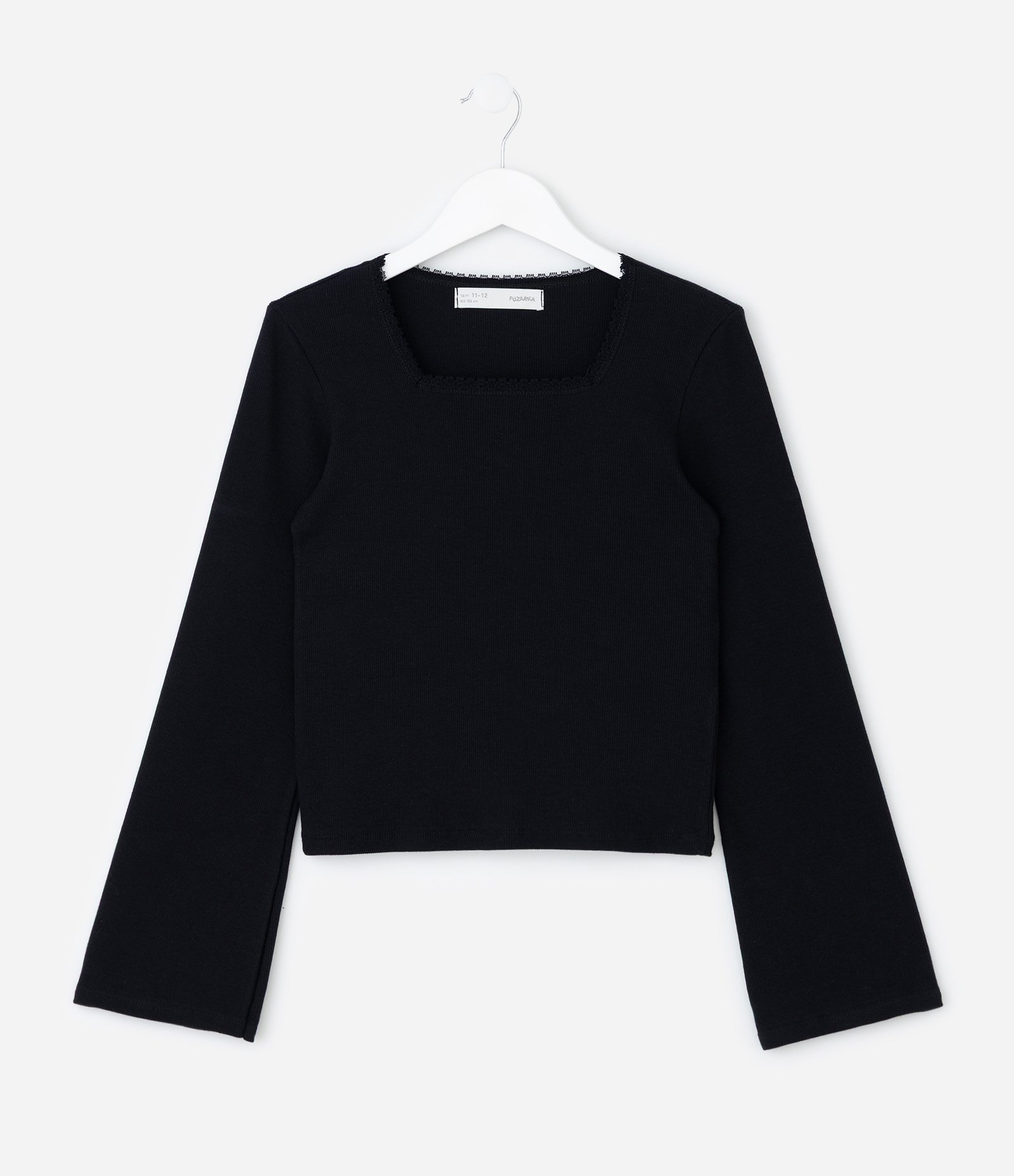 Blusa Infantil Manga Longa com Decote Quadrado e Renda – Tam 7 a 16 Anos Preto 1