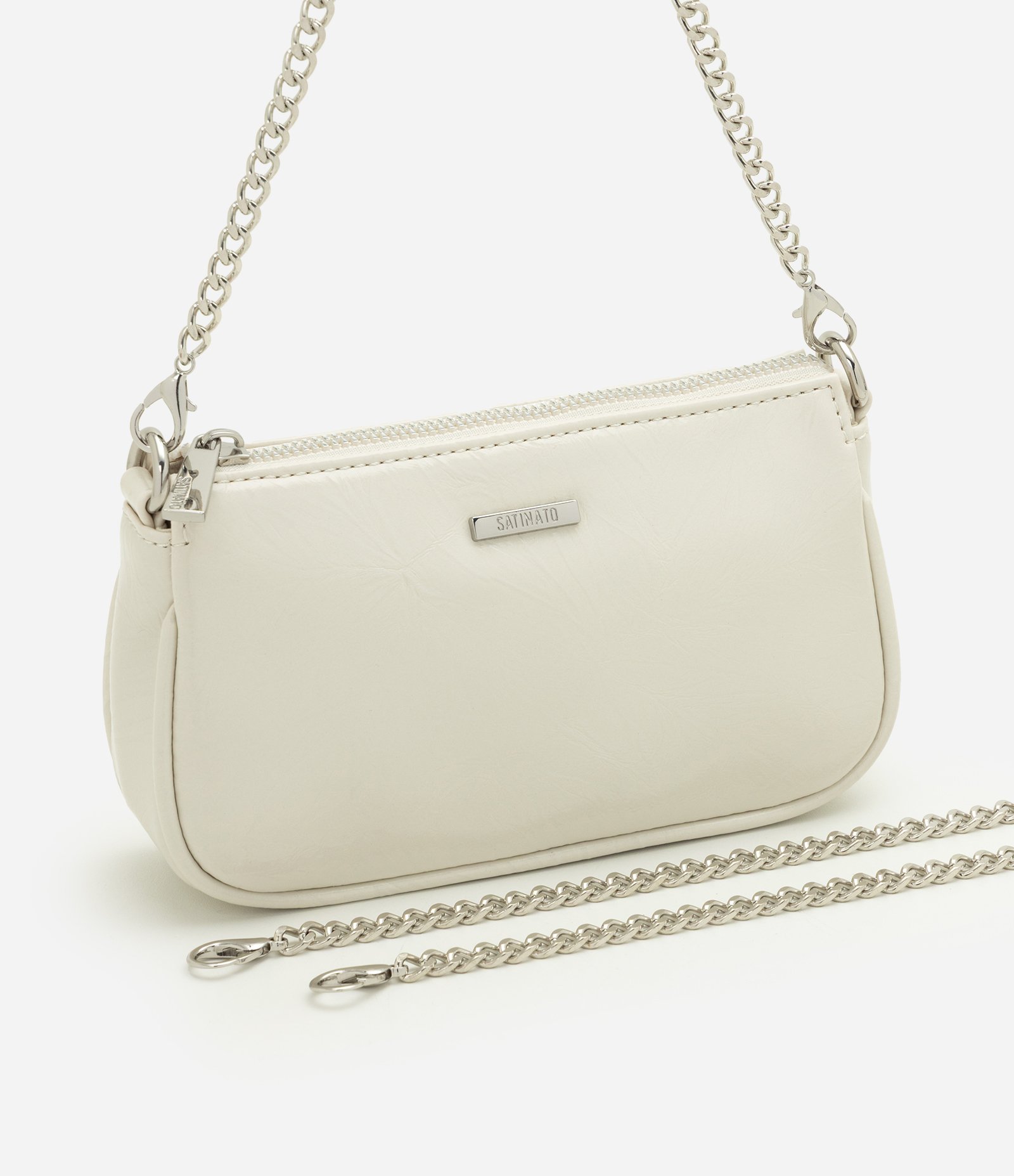 Bolsa Baguete Pequena em PU com Alça Transversal Off White 6