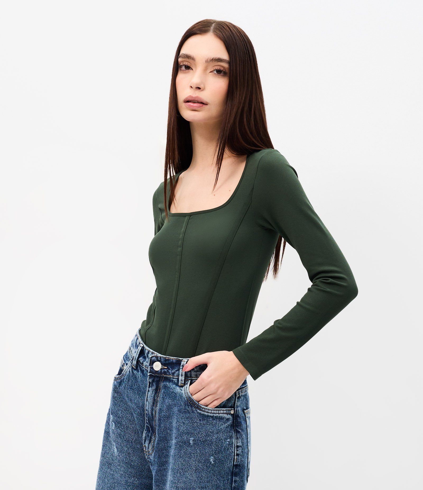 Body em Poliamida Seamless e Decote Quadrado Verde Escuro 1