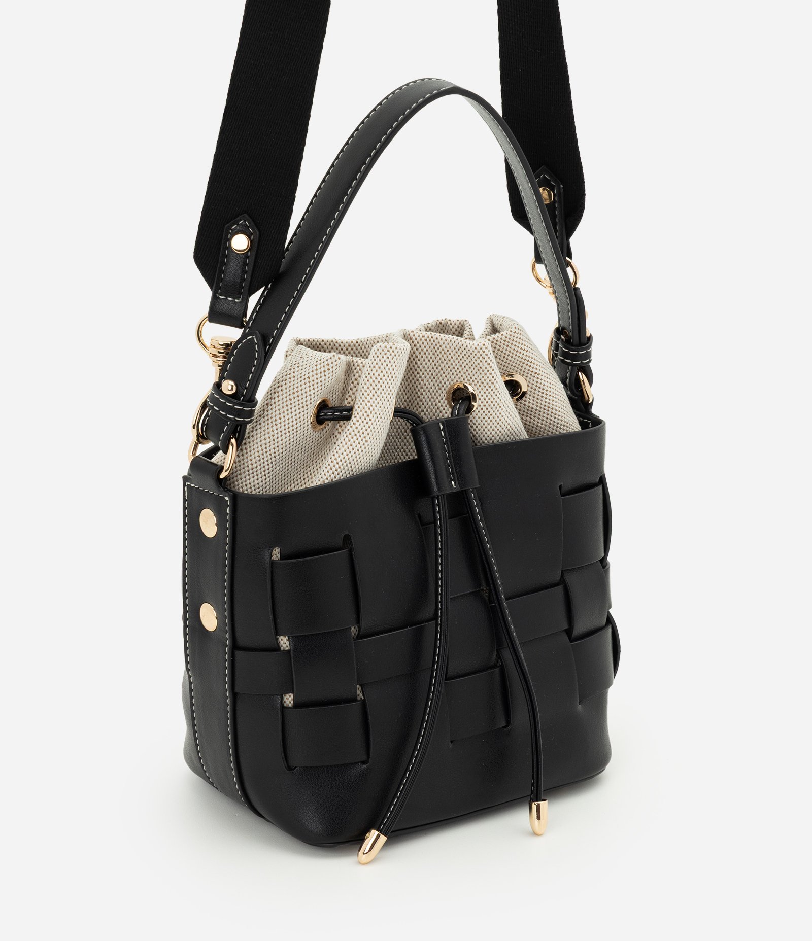 Bolsa Bucket Pequena em PU com Bolso Interno Removível Preto 1