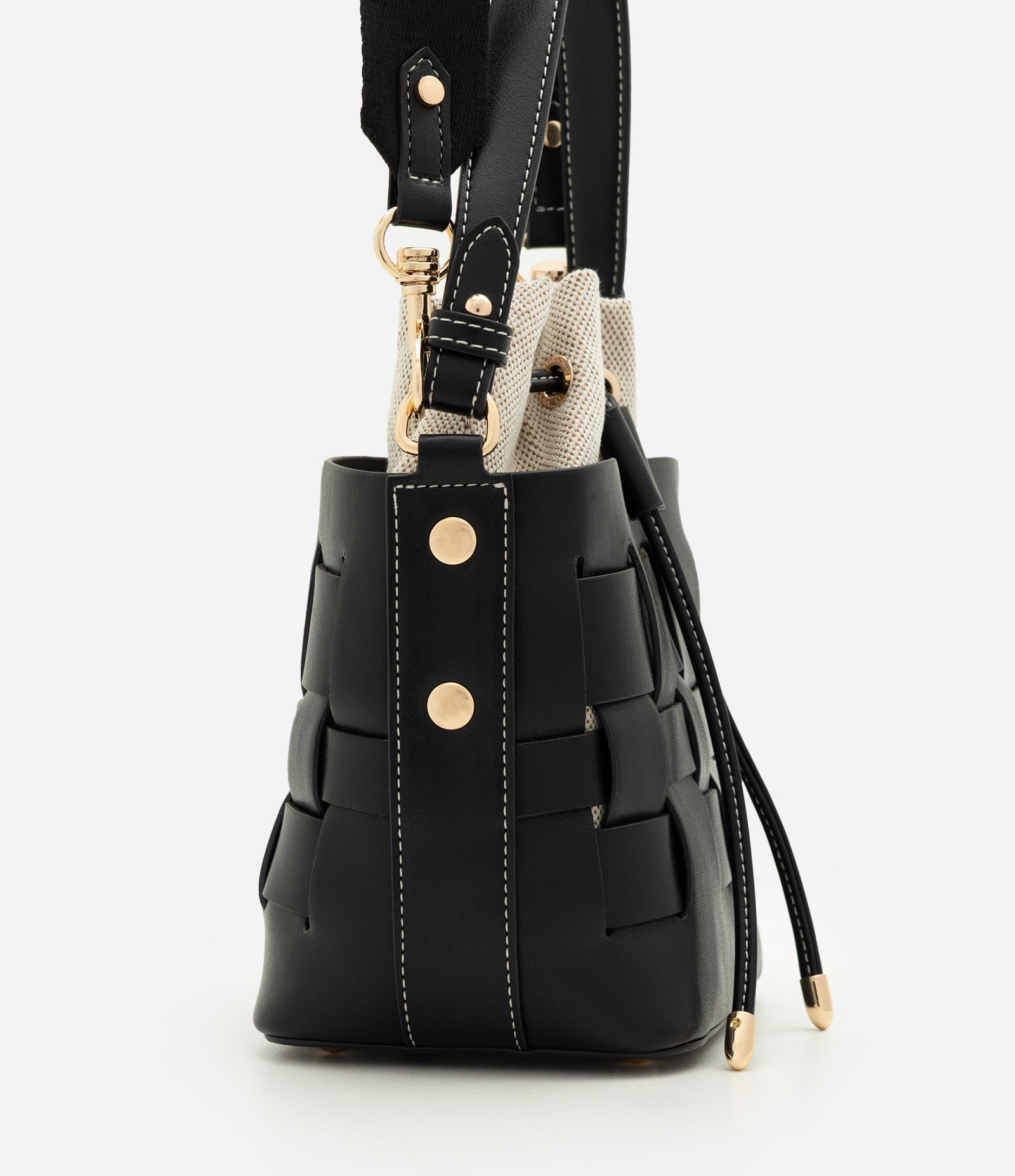 Bolsa Bucket Pequena em PU com Bolso Interno Removível Preto 2