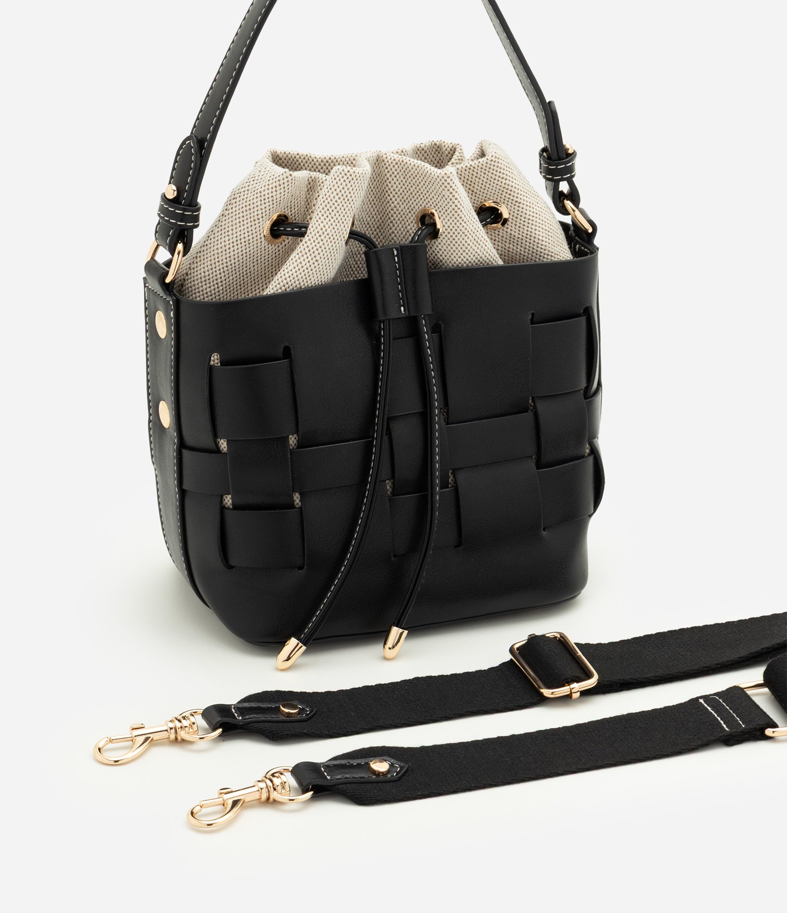 Bolsa Bucket Pequena em PU com Bolso Interno Removível Preto 4