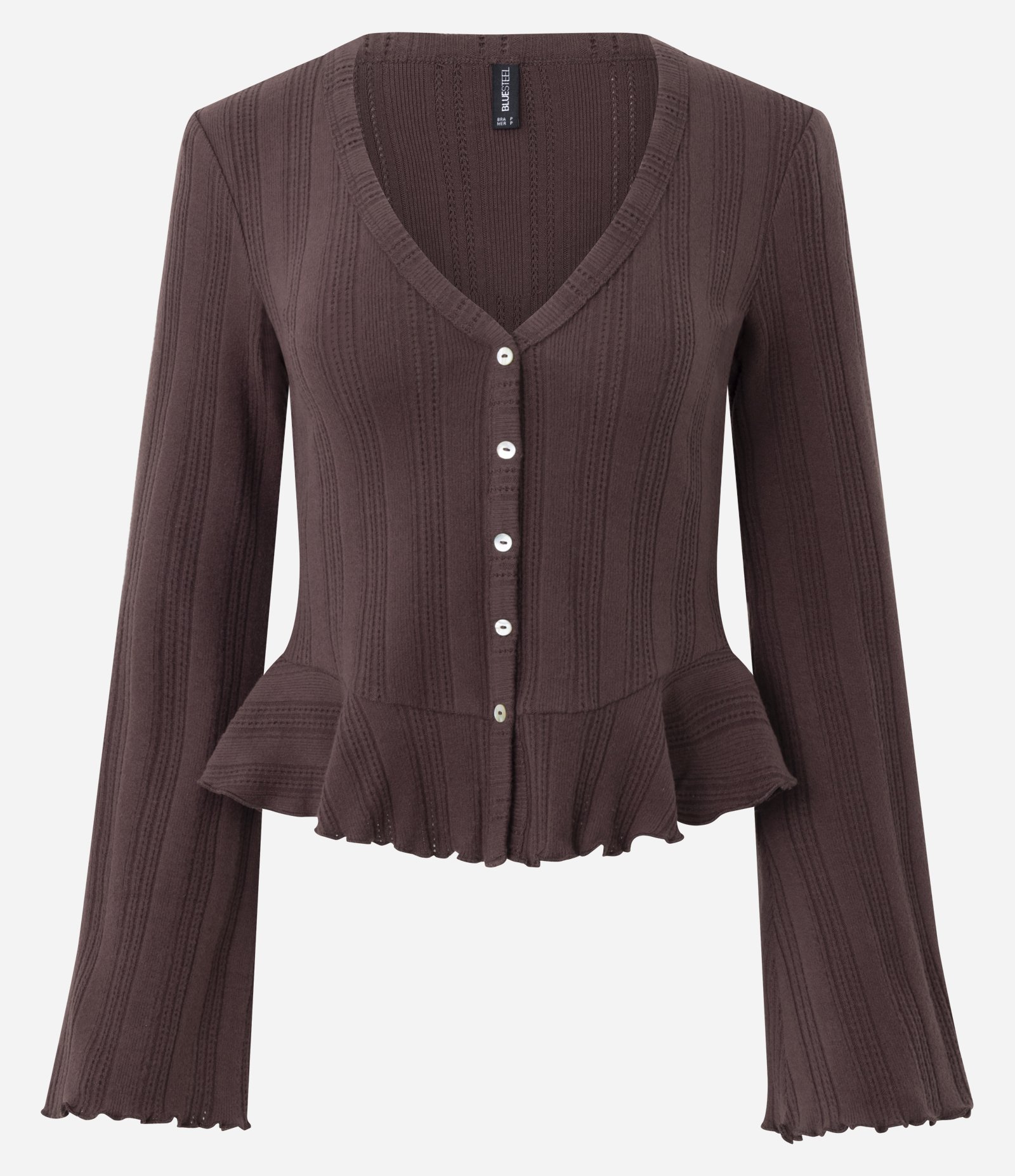 Blusa Peplum em Tricô Texturizado com Abotoamento Marrom 5