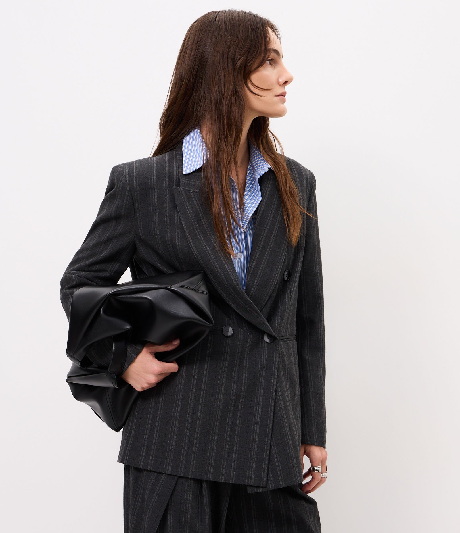 Blazer Oversized Alfaiatado Com Estampa de Listras Fio Tinto Cinza 3