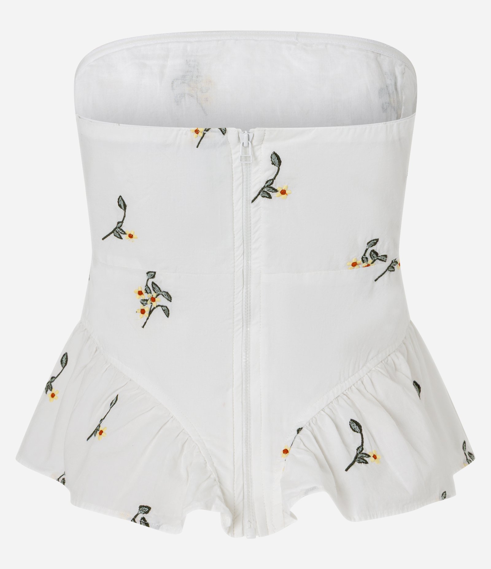 Tomara que Caia Corsetada com Bordado Floral e Babado Peplum Branco 6