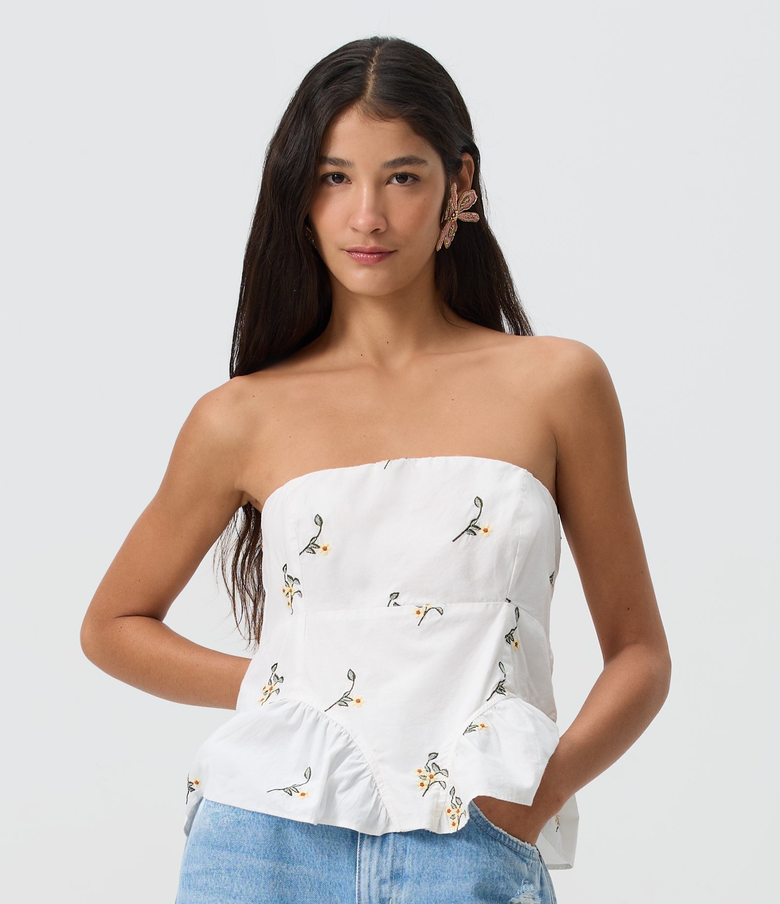 Tomara que Caia Corsetada com Bordado Floral e Babado Peplum Branco 1
