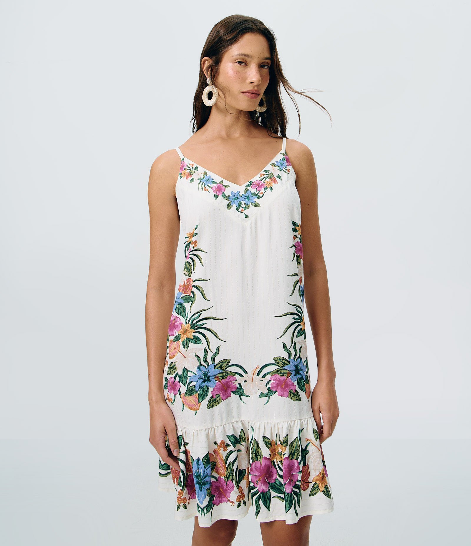 Vestido Curto de Alcinha em Viscose Texturizada com Estampa Floral Off White 1