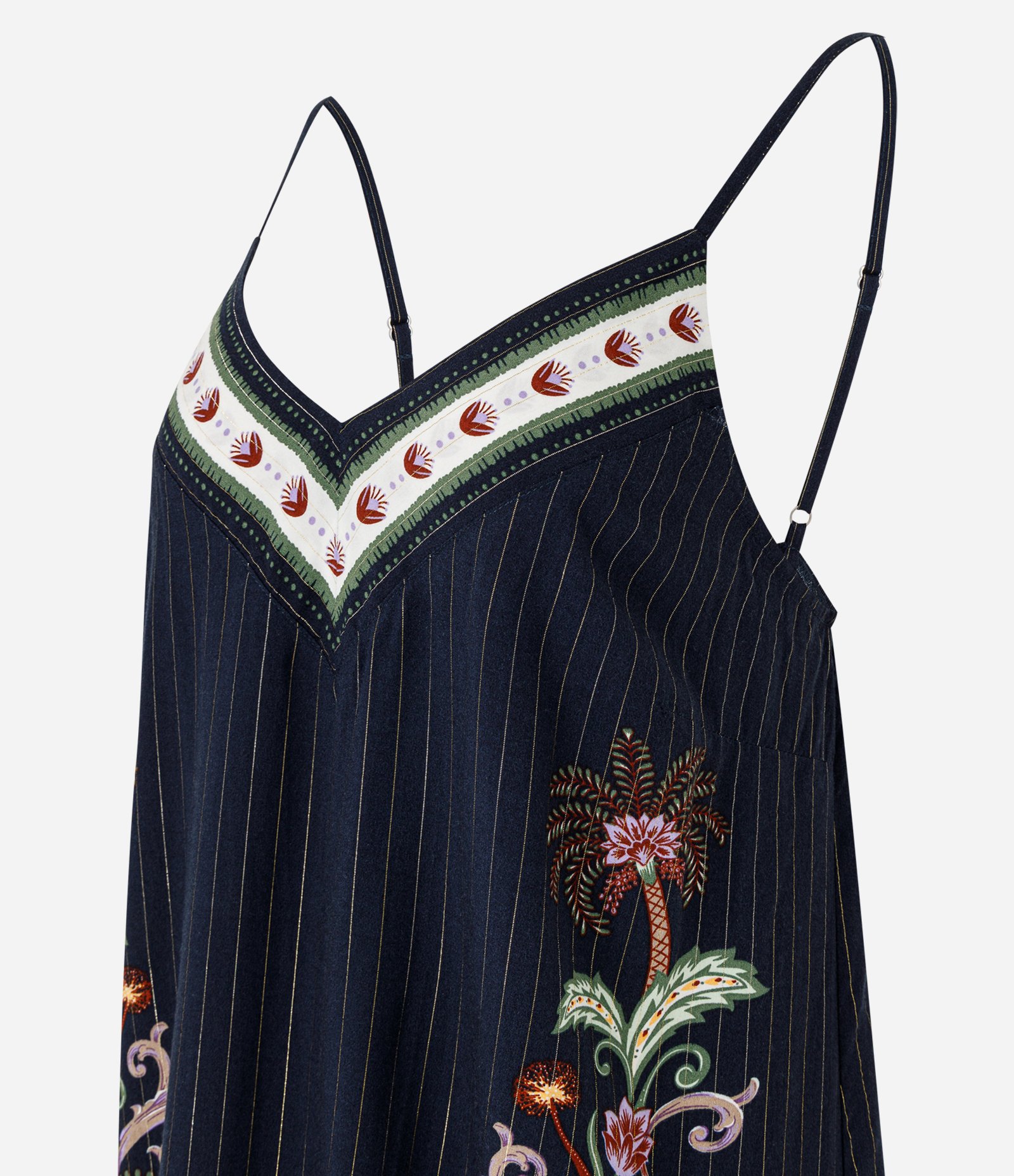 Vestido Curto em Viscose com Estampa Coqueiro e Barra Contrastante Azul Escuro 2