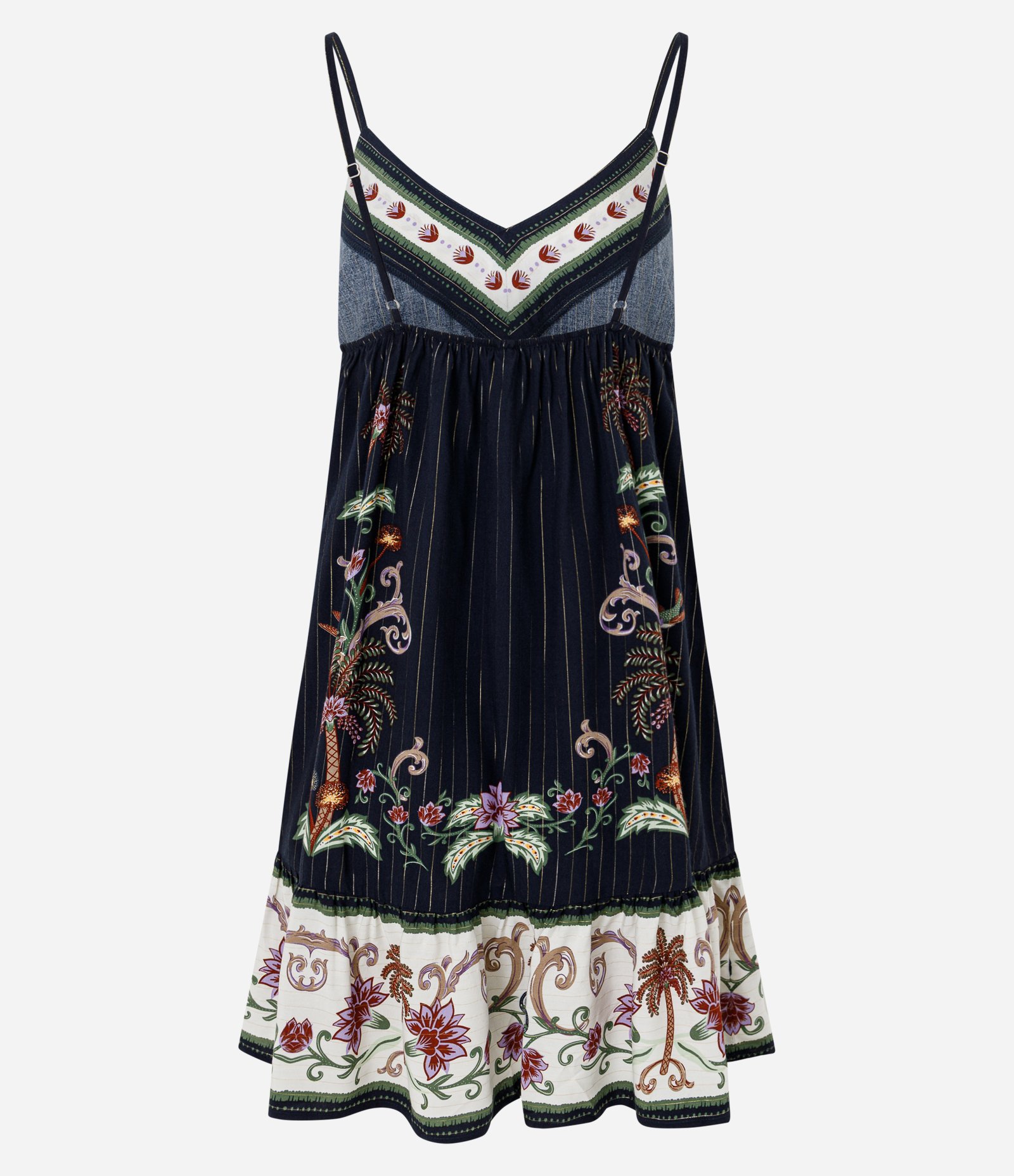 Vestido Curto em Viscose com Estampa Coqueiro e Barra Contrastante Azul Escuro 3