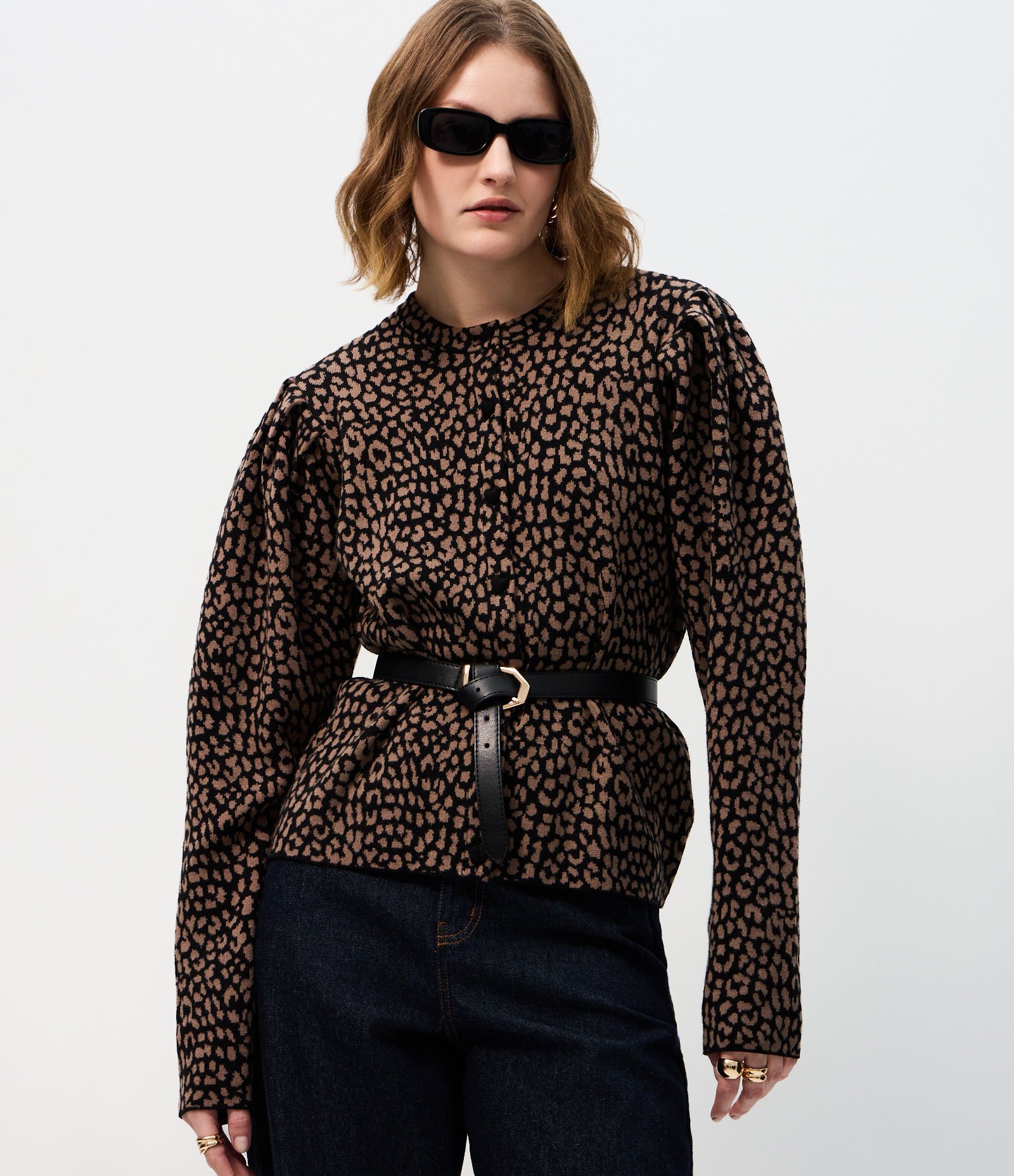 Cardigan em Tricô com Manga Bufante e Estampa Animal Print Marrom/Preto 1