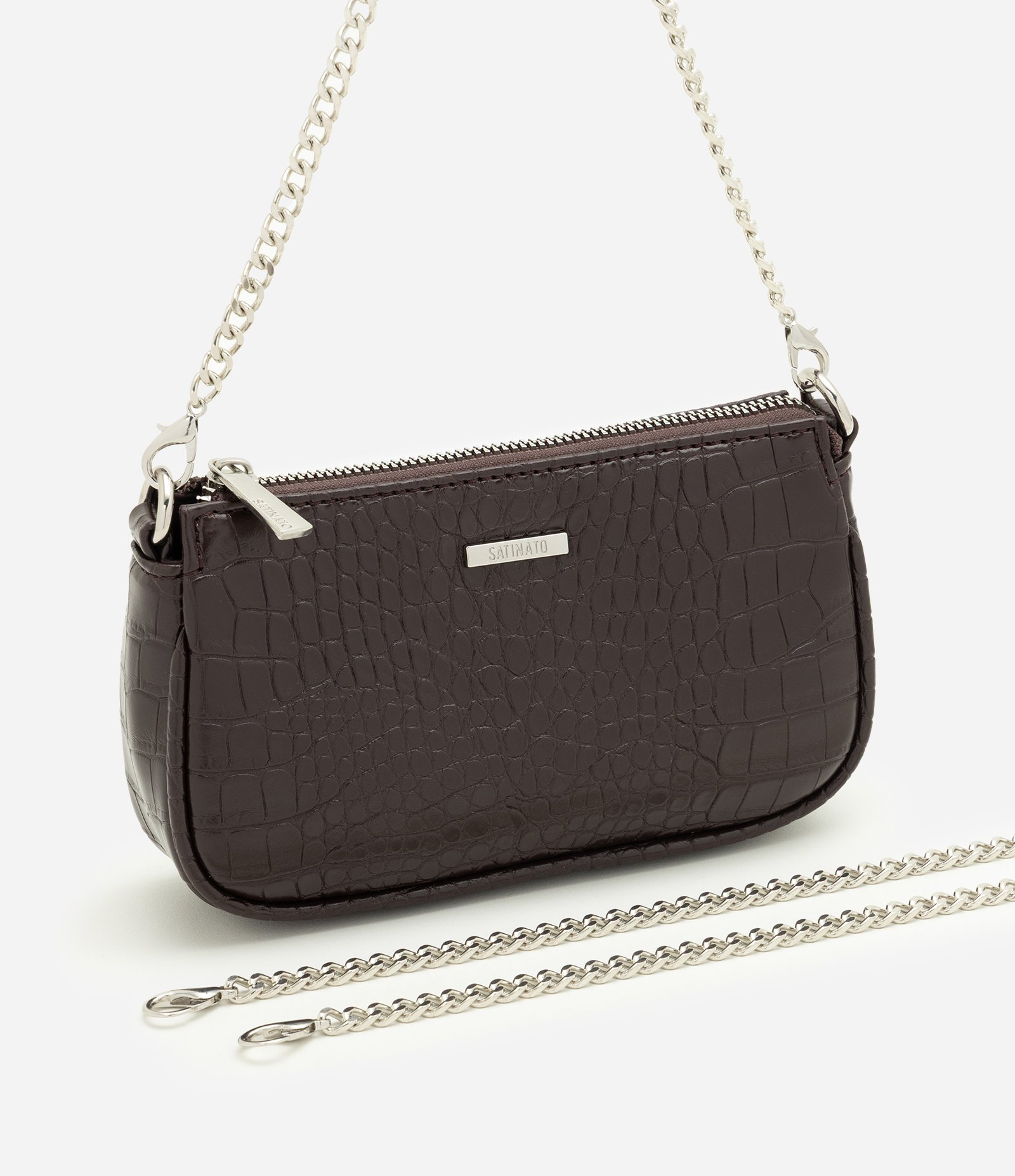 Bolsa Baguete Pequena em PU com Textura Croco Marrom 8
