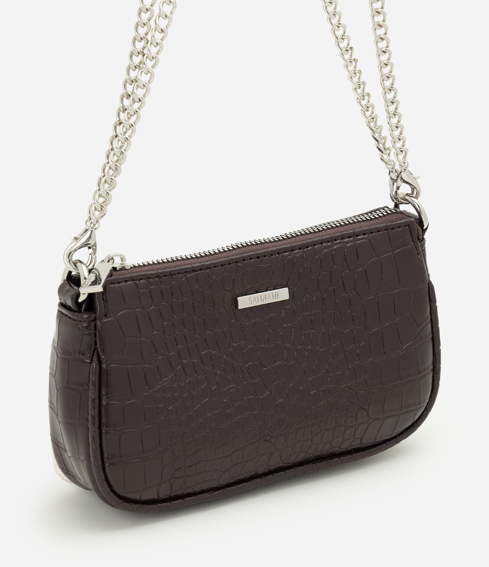 Bolsa Baguete Pequena em PU com Textura Croco Marrom 1