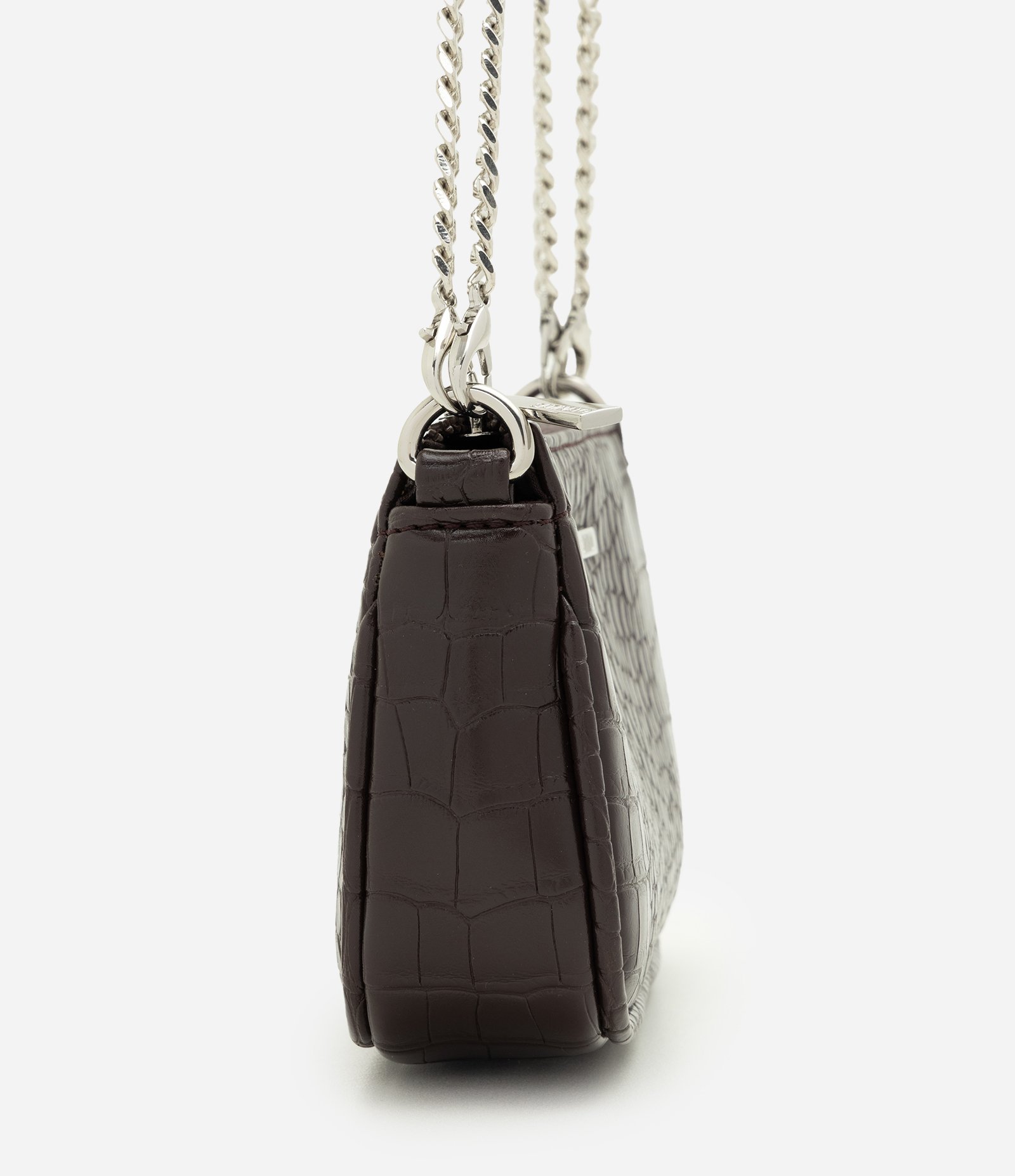 Bolsa Baguete Pequena em PU com Textura Croco Marrom 2