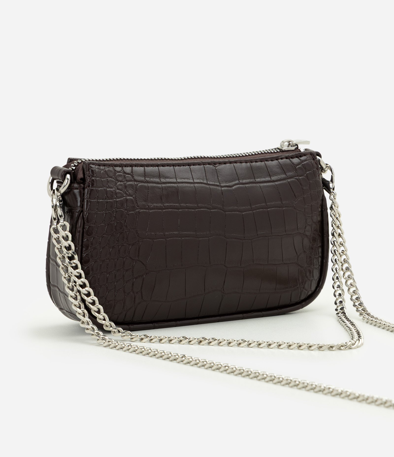 Bolsa Baguete Pequena em PU com Textura Croco Marrom 3