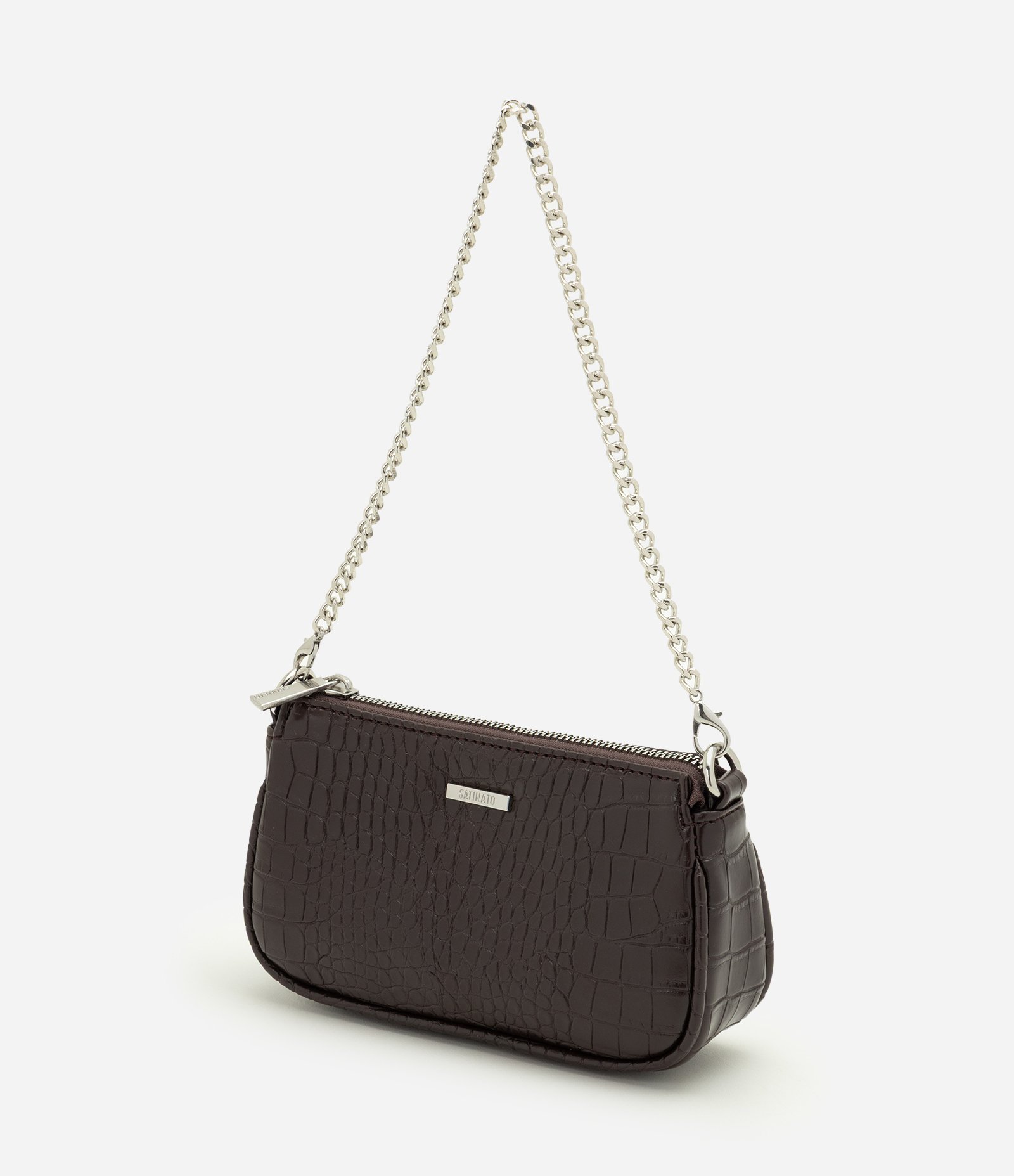 Bolsa Baguete Pequena em PU com Textura Croco Marrom 5