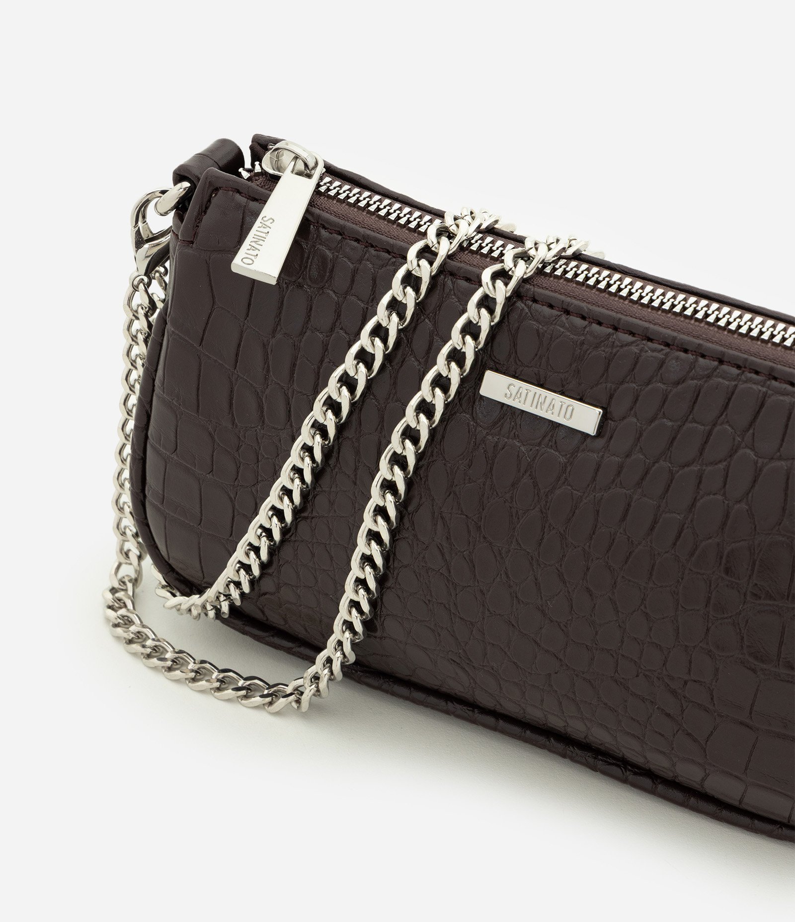 Bolsa Baguete Pequena em PU com Textura Croco Marrom 6