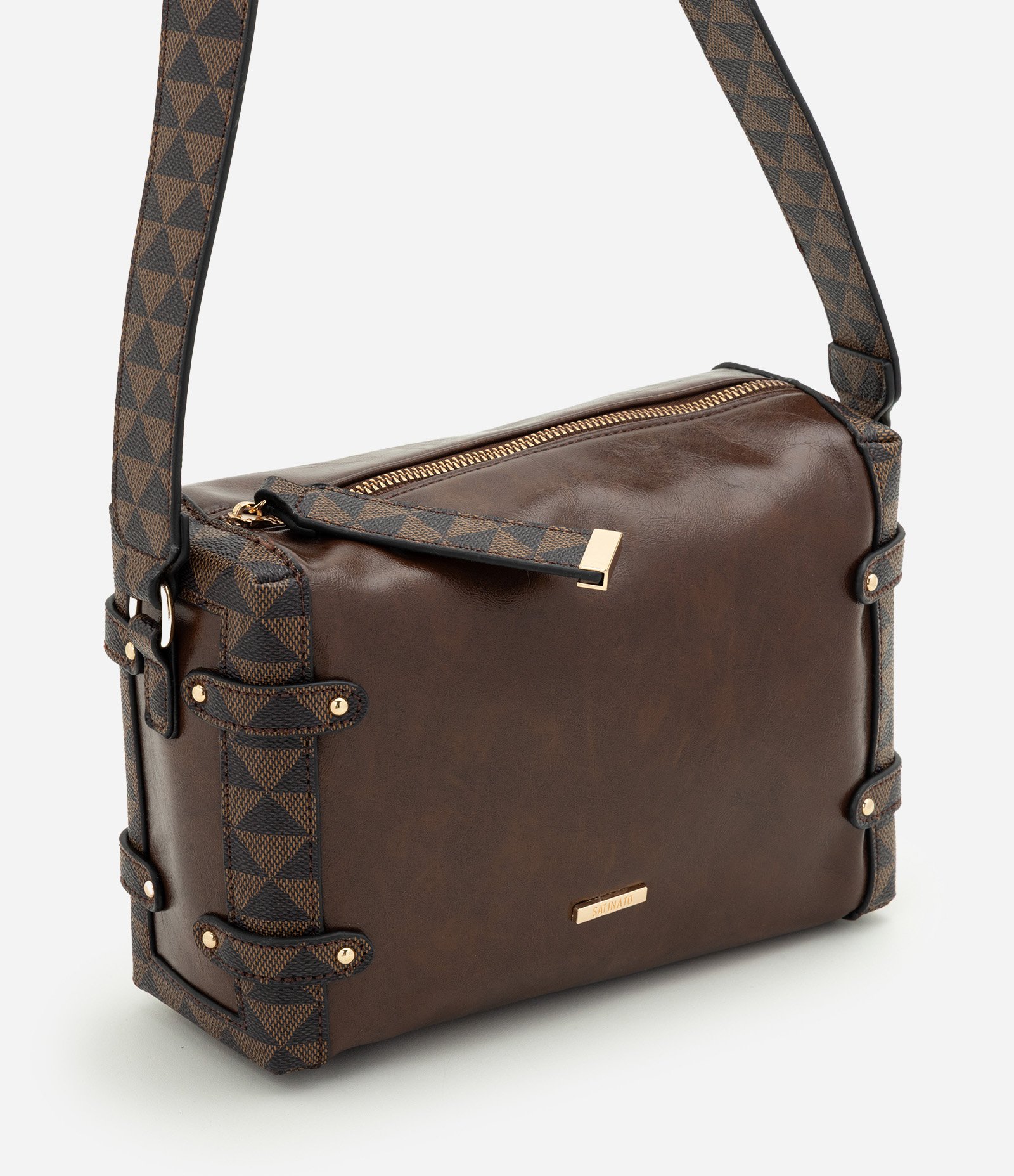 Bolsa Shoulder Média em PU com Detalhes Estampados Marrom 2