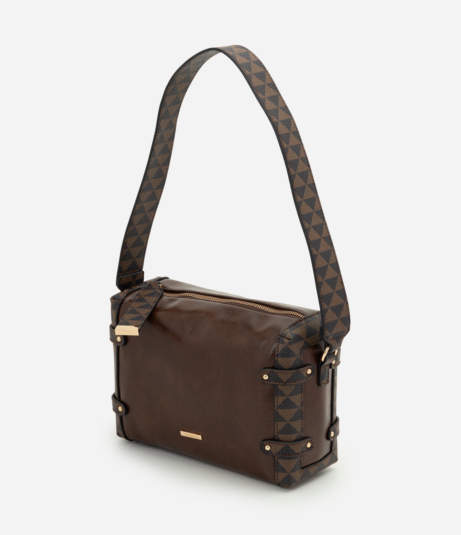 Bolsa Shoulder Média em PU com Detalhes Estampados Marrom 6