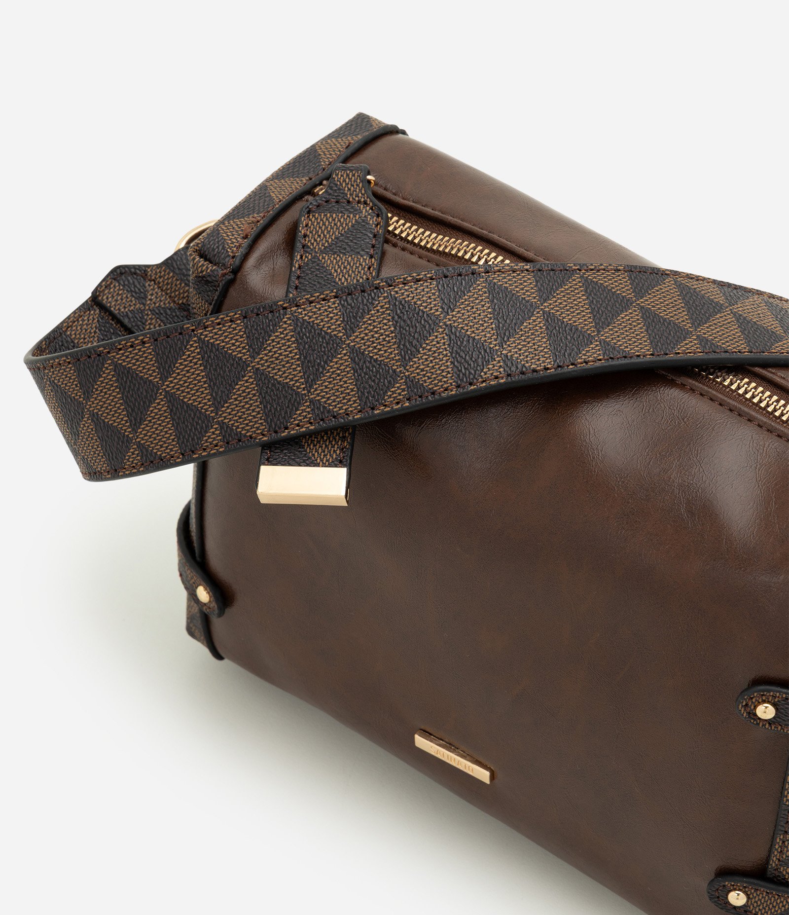 Bolsa Shoulder Média em PU com Detalhes Estampados Marrom 7